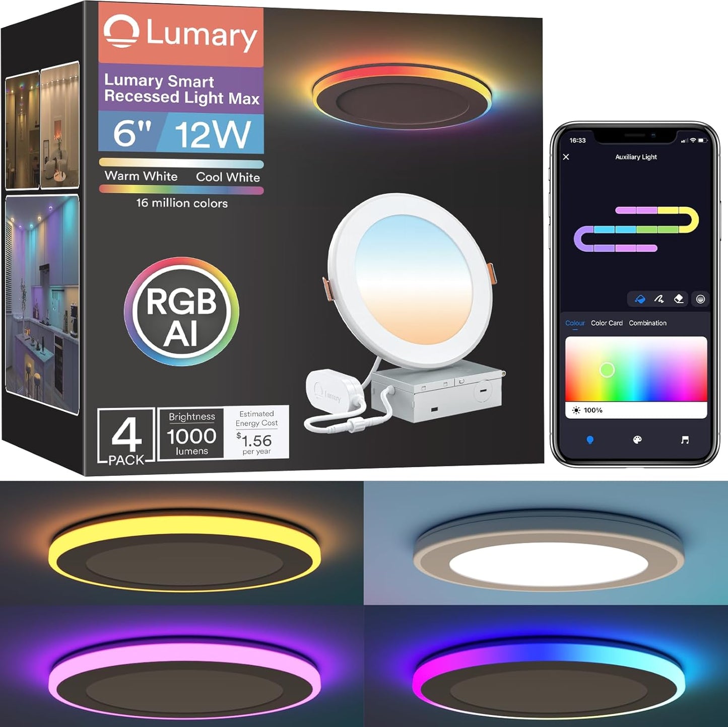 Lumary RGBAI Smart Recessed Lighting 6 Inch with Gradient Accent and Night Ring, 12W 1000LM Wi-Fi LED Recessed Lights, LED Downlight Compatible with Alexa/Google Assistant/Siri, 4PCS