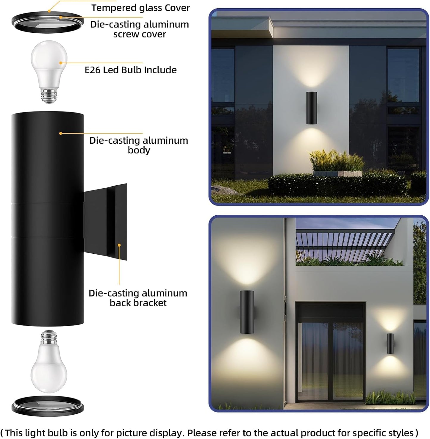 JAYMP 11.8" Up and Down Wall Sconce Aluminum Modern Outdoor Light, Black Round IP65 Waterproof Exterior Wall Lamp for Front Door Patio Porch Staircase Hallway