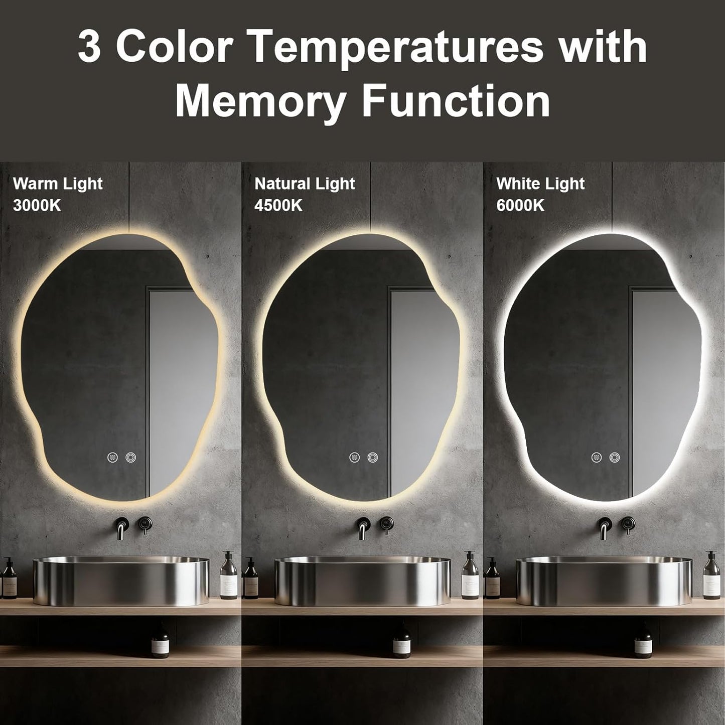 Asymmetrical Bathroom Mirror with Lights,Irregular LED Bathroom Vanity Mirror with Backlit,Anti-Fog,3 Colors and Dimmable Light with Memory,Hardwired Supported[Horizontal/Vertical] 30" H x 22" W