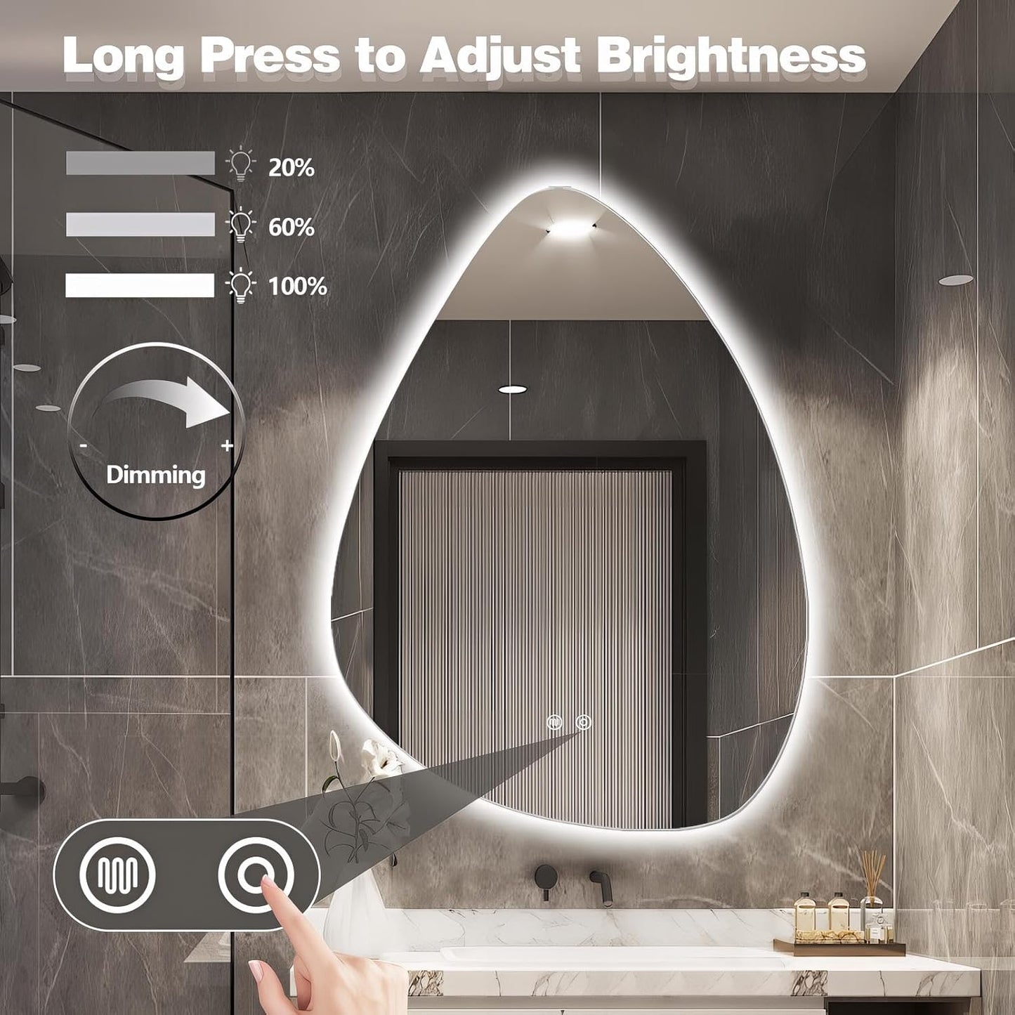 Niccy Irregular LED Bathroom Mirror, 20"x28" Asymmetrical Backlit Vanity Wall Mirrors, Frameless Lighted Mirrors for Bedroom, Living Room, Modern Smart-Mirror with Anti-Fog, Dimmable, Memory Function