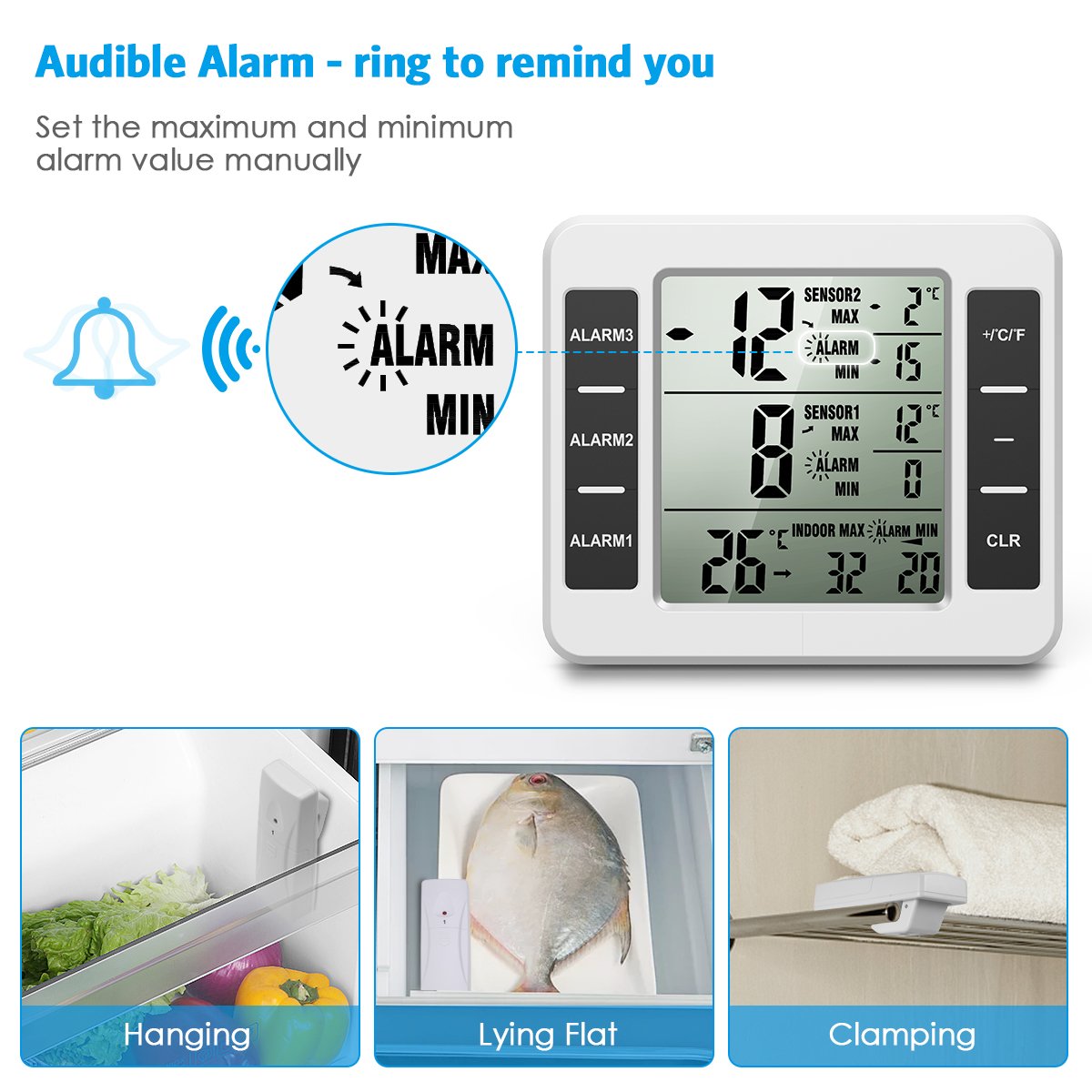 (UPGRADED) AMIR Refrigerator Thermometer, Wireless Indoor Outdoor Freezer Thermometer, Sensor Temperature Monitor with Audible Alarm Temperature Gauge for Kitchen, Freezer, Home (Battery not Included)