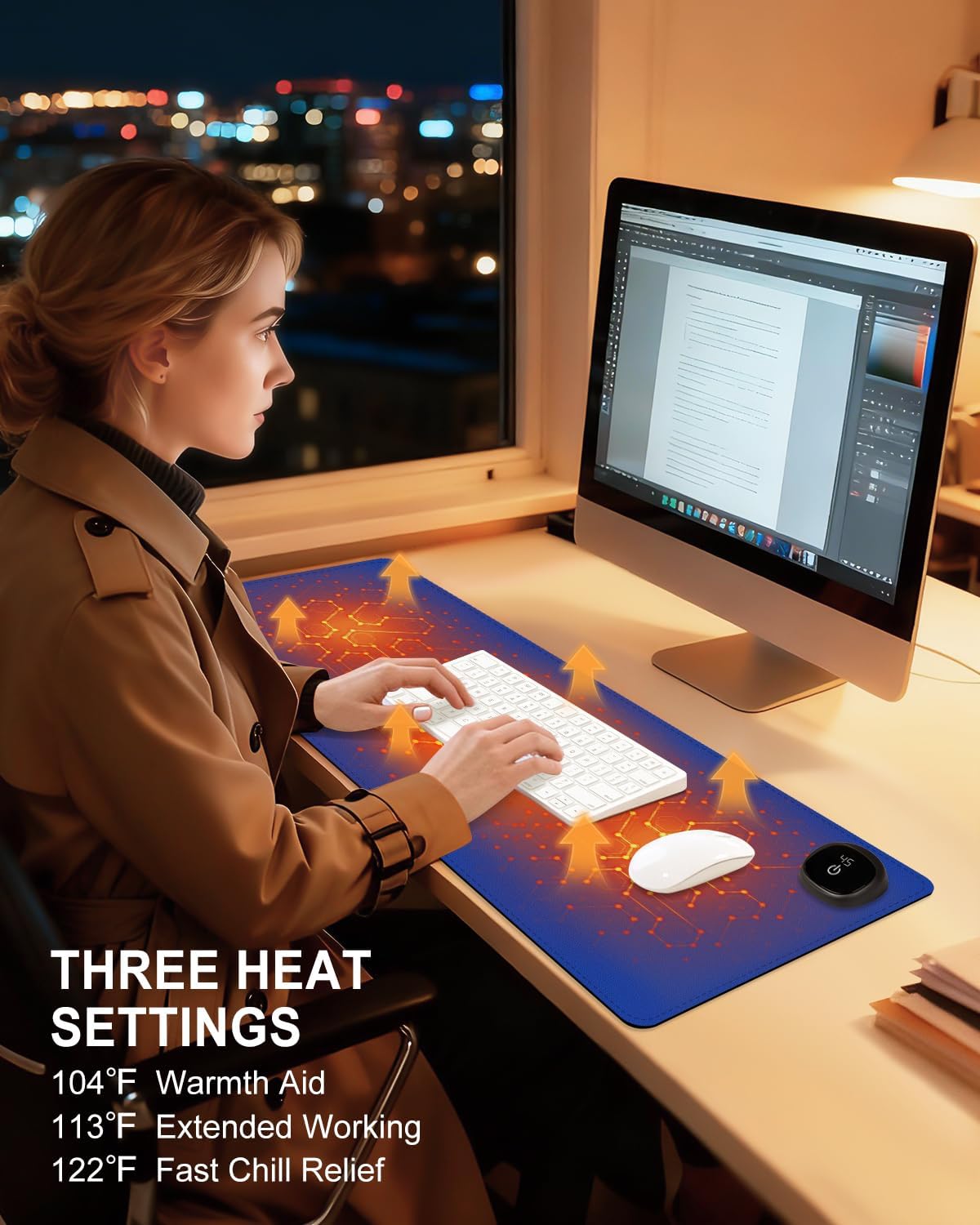 Heated Desk Pad, 31.5" x 13" Leather Non-Slip Warm Desk Pad, Large Mouse Mat with 3 Levels Heating & 3 Hours Auto Shut-Off, Hand and Foot Warmer for Office, Home, Navy Blue