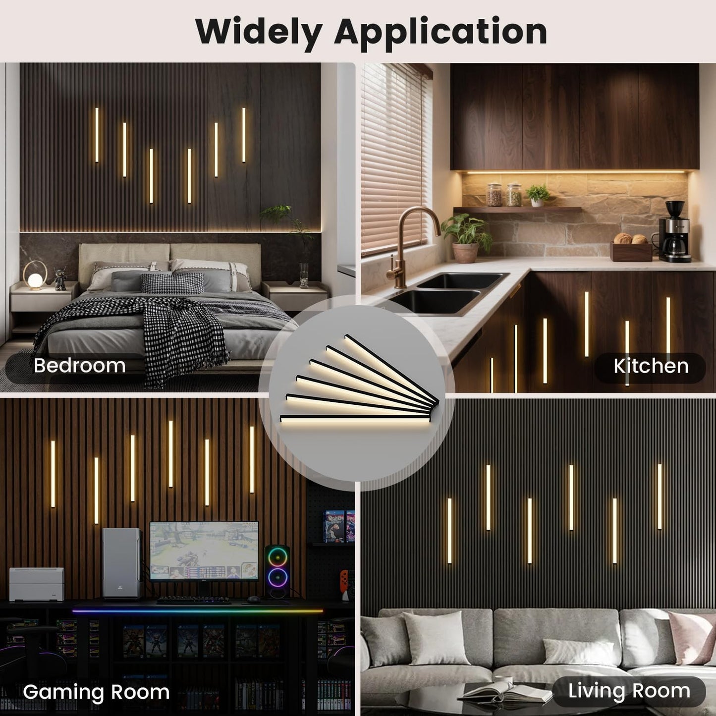 Wall Led Lights - GloryAir 6pcs Black 3000K Warm White Led Panel Light Strips, Self-Adhesive Dimmable Touch Switch Wall Slat Lights for Wood Slat, Fluted Panel, Bedroom Headboard