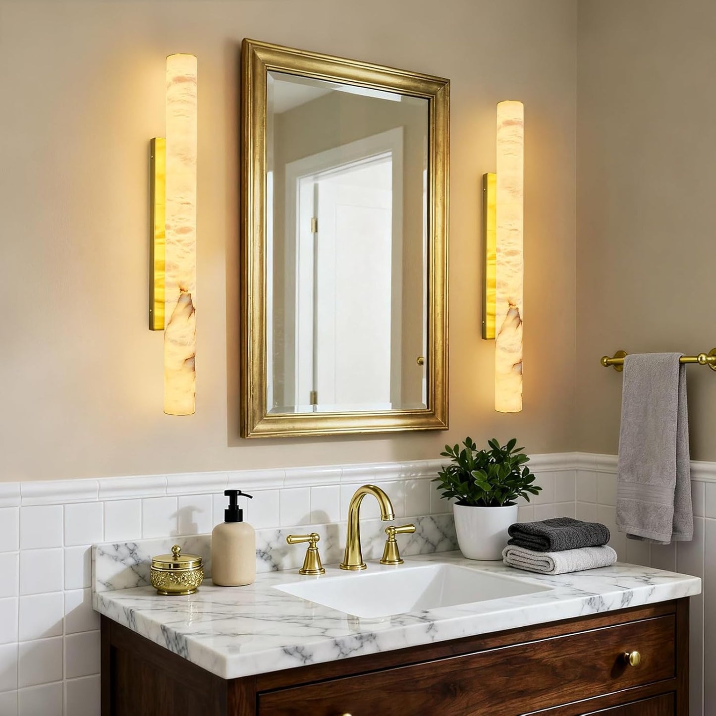 LMQNINE Natural Alabaster Wall Sconces Set of Two Spanish Marble Wall Light Cylinder Modern Gold LED Sconce for Living Room Bedroom Bathroo Stairs（L-2Pack）
