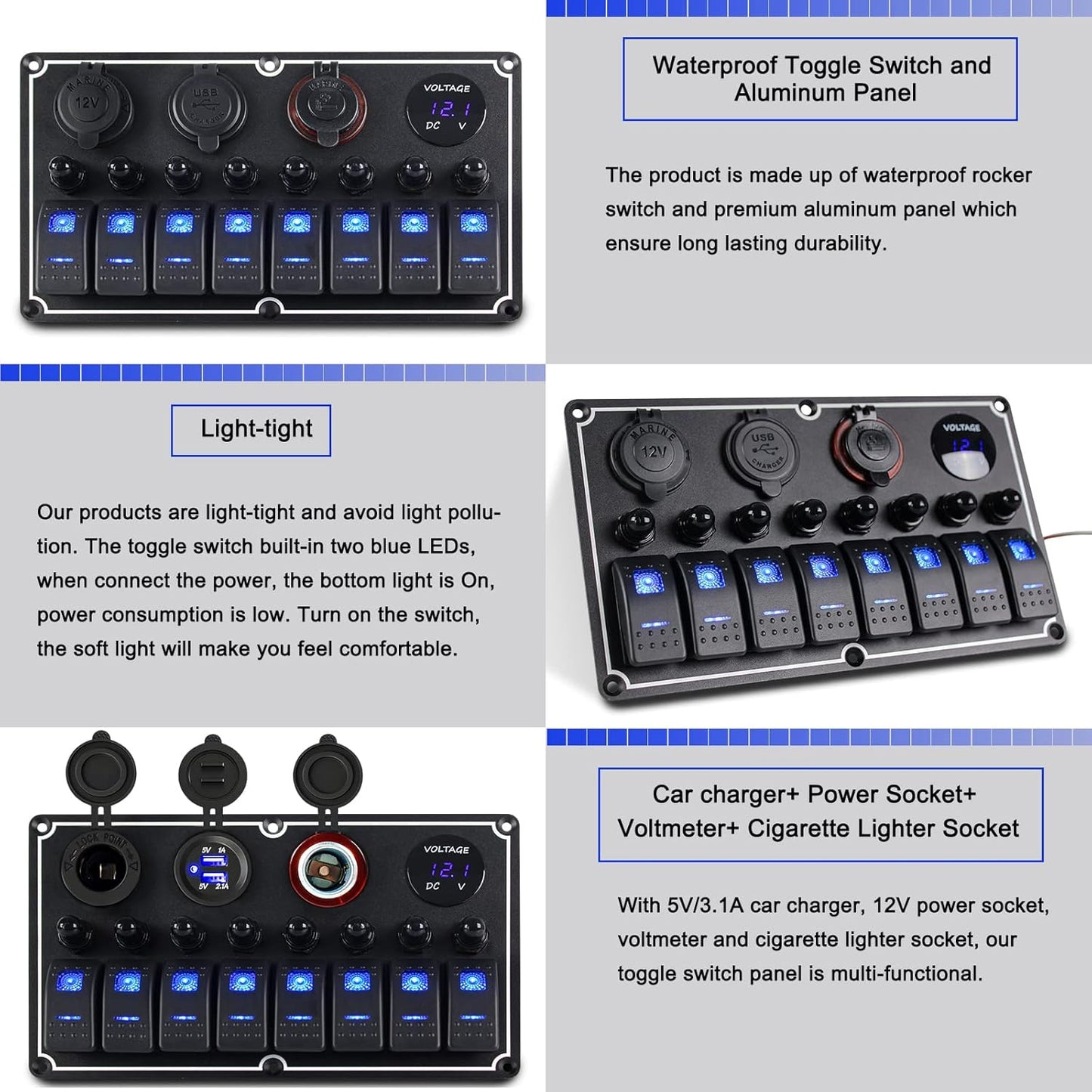 Marine Switch Panel Waterproof,8 Gang Boat Rocker Switch Panel,Multi-Function Toggle Light Switch Panel with Dual USB and Voltmeter Panel for RVs, Cars, Boats, Trucks,Trailers - 12-24V