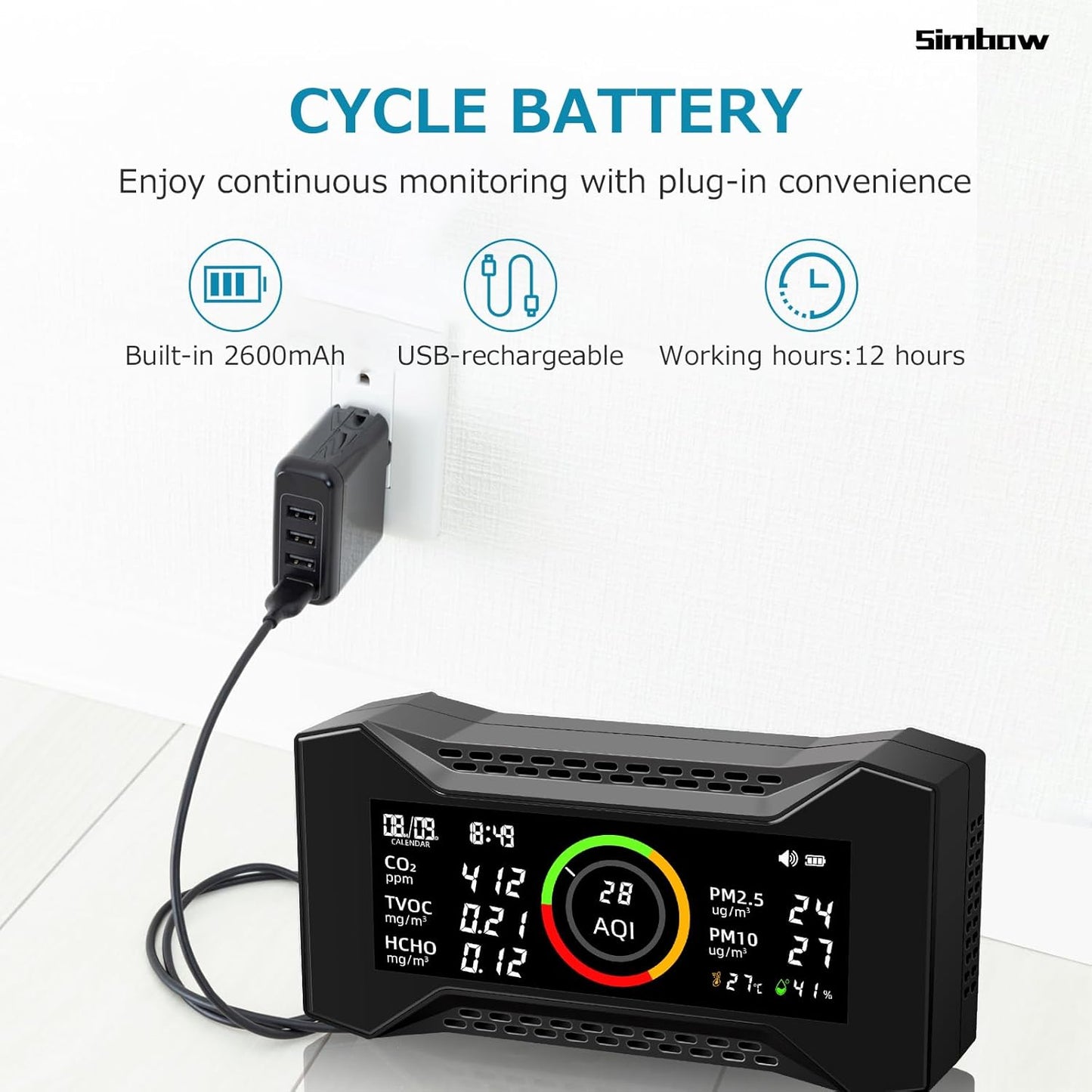 8-in-1 Air Quality Monitor Indoor, Portable Air Quality Tester CO2 Monitor (PM2.5, PM10, CO2, VOC, Formaldehyde, Humidity, Temp) 2600mAh Long-Lasting Battery Sleep-Friendly Display