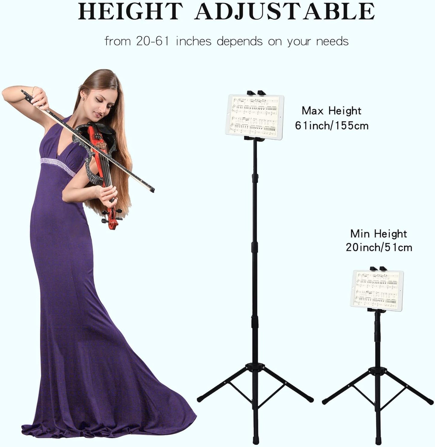 Raking Tablet Floor Stand, Height Adjustable Cellphone Floor Stand with 360°Rotating Tripod Mount, Compatible with iPhone iPad mini/Air/Pro and All 5.5-12.9 Inch Devices