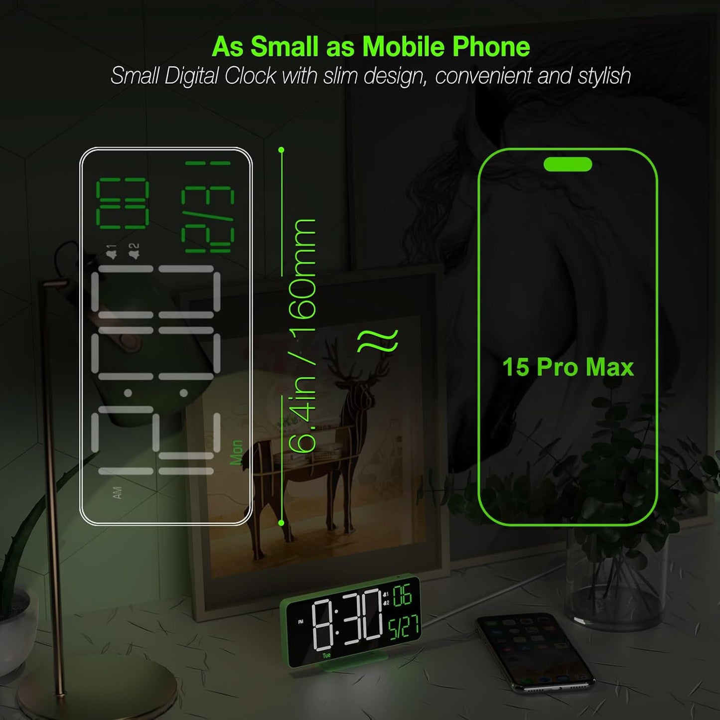 KOSUMOSU Small Digital Clock, 6.7in Alarm Clocks for Bedrooms, Auto Dimming, Room Temperature, Day of The Week, Seconds, Date, Desk Clock for Bedroom, Digital Clocks for Living Room
