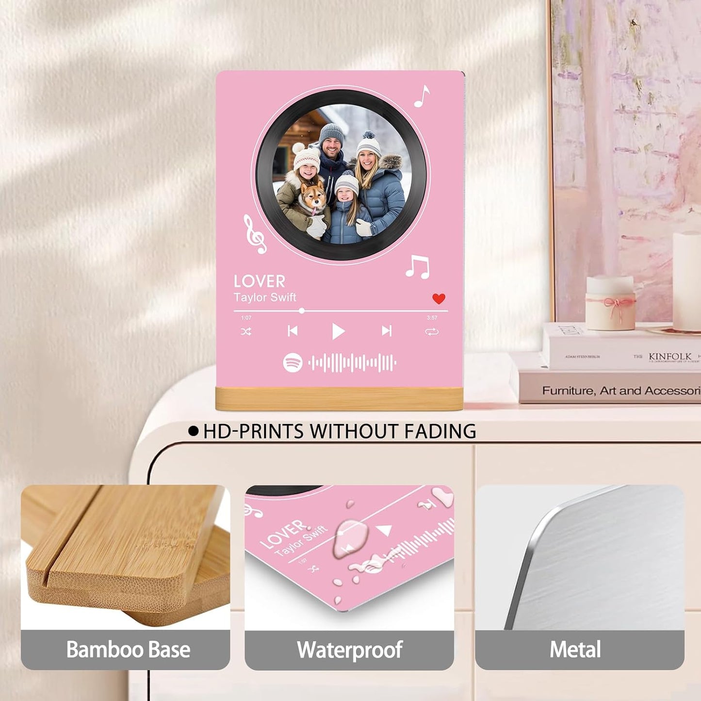 Custom Photo Prints - Metal Desktop Picture Frame with Photos & Spotify Song Plaque & Wooden Base Personalized Gifts for Family Friends and Lovers, Optional Multiple Sizes