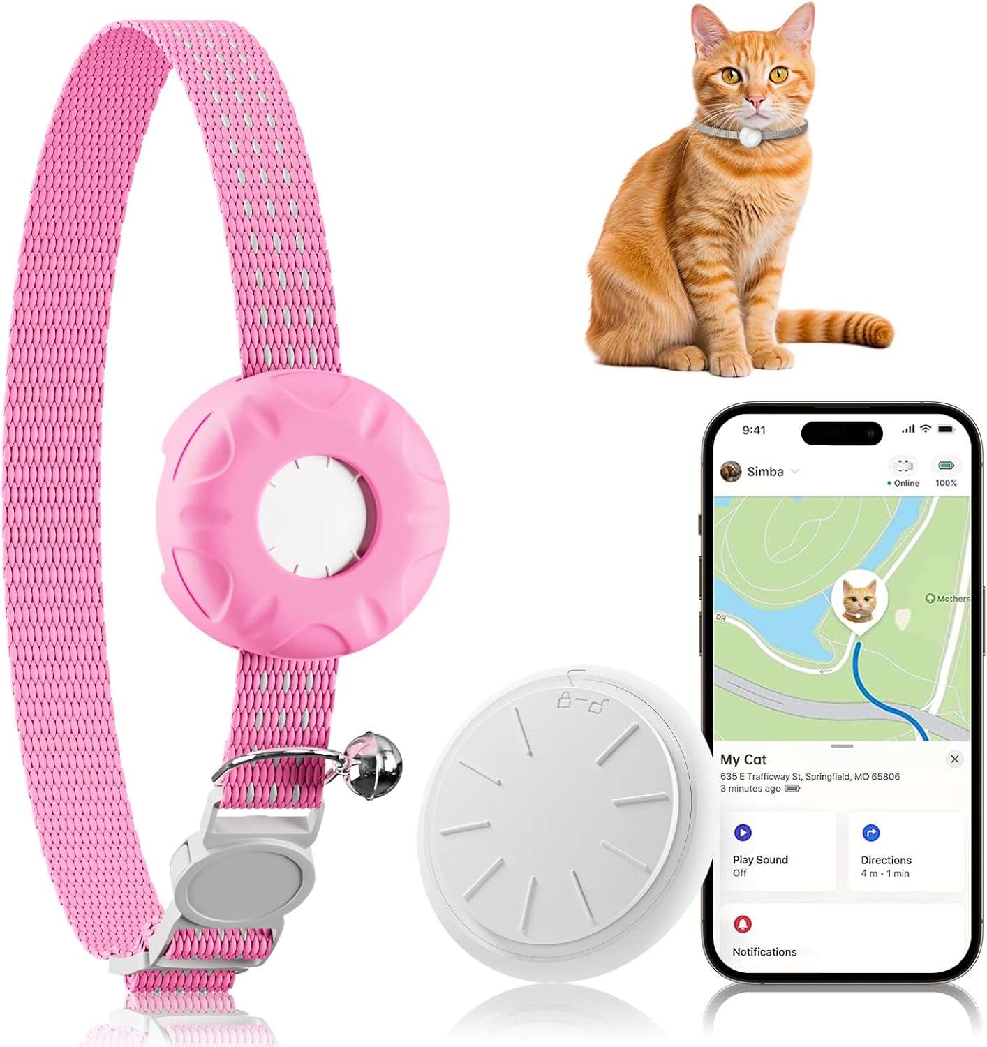 Cat Tracker, Cat GPS Tracker, Compatible with Apple Find My App (Only iOS), No Monthly Fee, Waterproof Pet Tracker for Cats, Pink