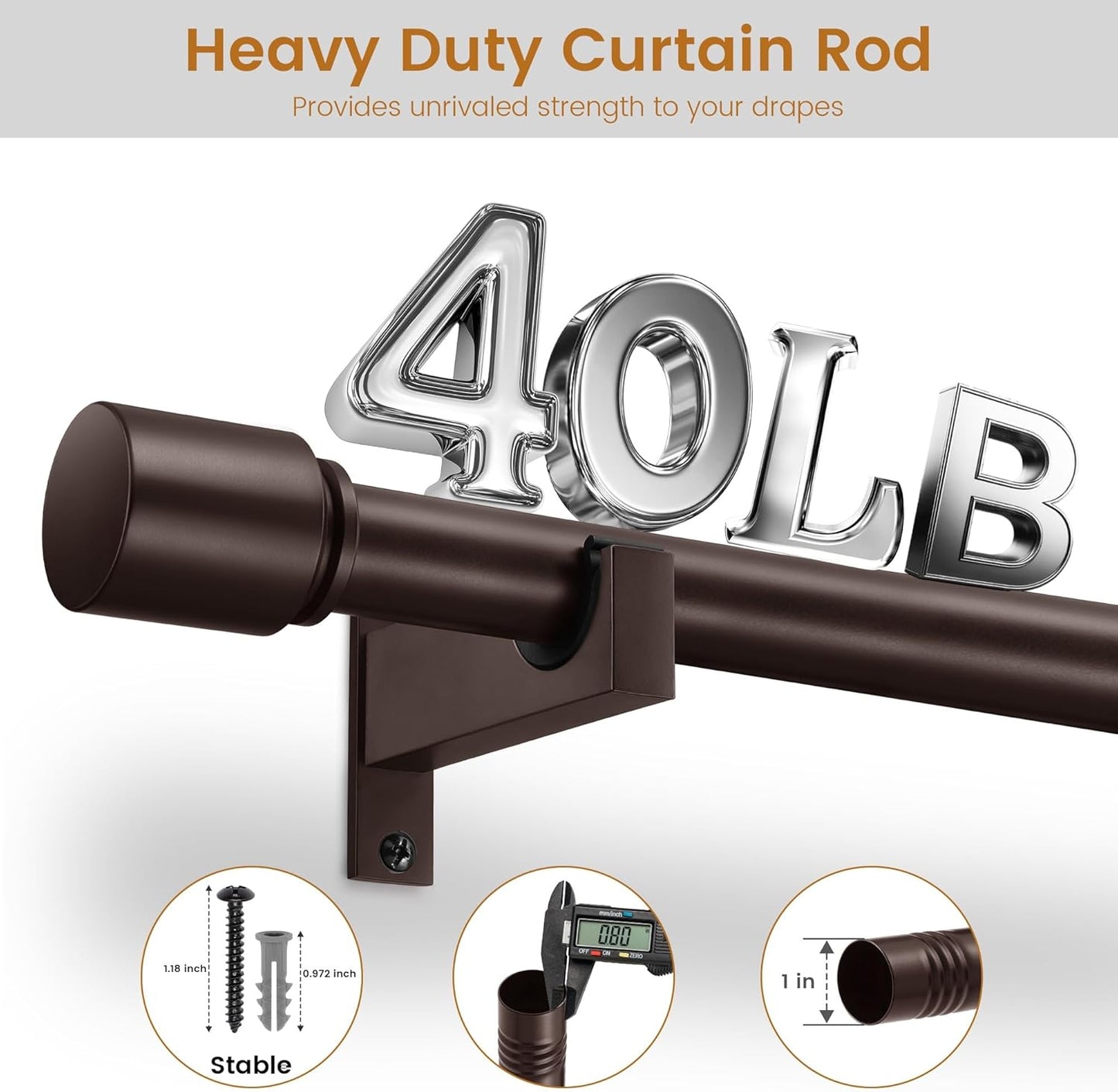 Bronze Aluminium Curtain Rods for Windows,1 Inch Adjustable Curtain Rod 72-144,Heavy Duty Drapery Rods with Thicken Bracket,Decorative Modern Single Rod with Aluminium Finials