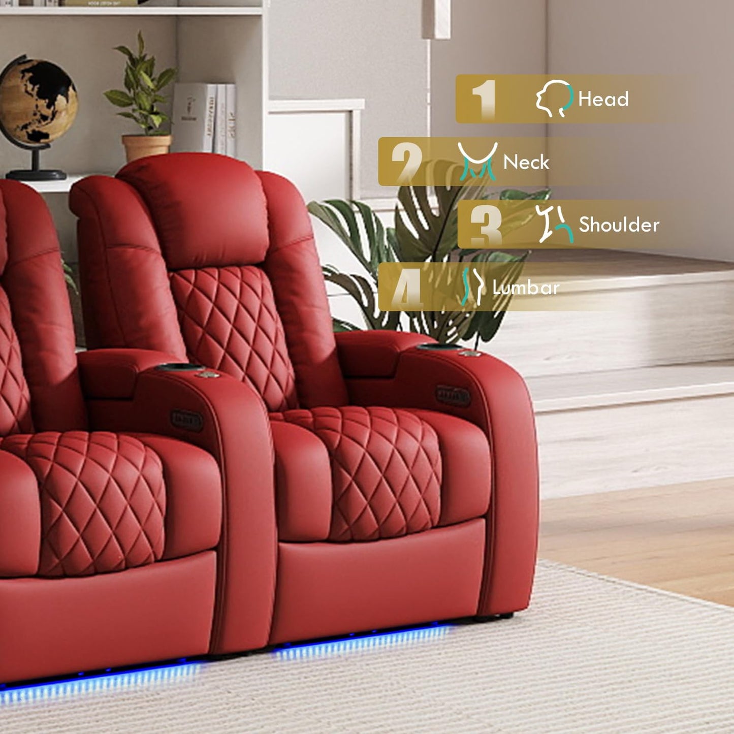 Weilianda Home Theater Seating Top Grain Leather Zero Gravity Recliner Chair Power Headrest Recline Movie Seat Gaming 7 Colors Mood Light Sofa with Tray Table USB Charge Row of 5 Loveseat Left Red
