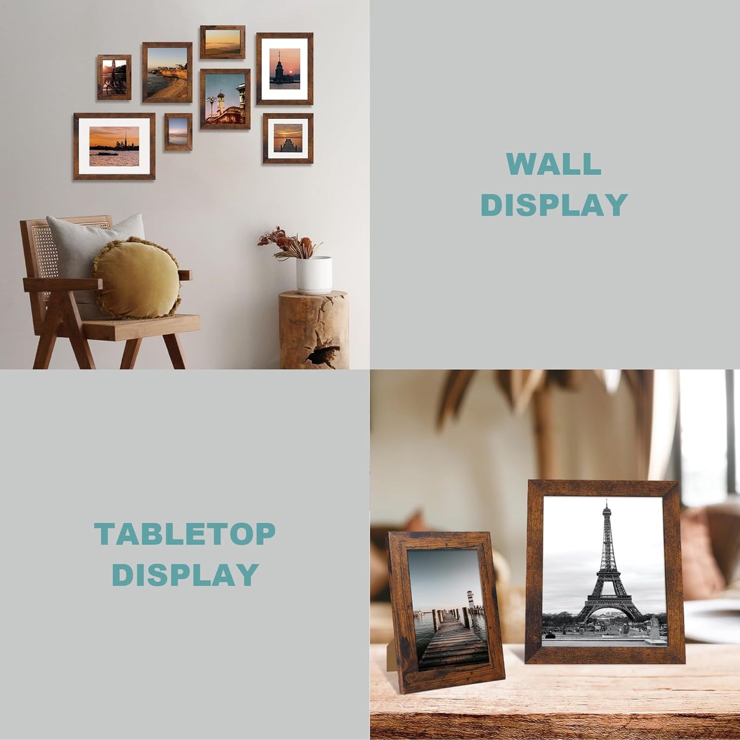iRahmen 6x6 Picture Frame Set of 4 with Real Glass, Rustic Frames Display 4x4 Picture with Mat or 6 x 6 Without Mat, Square Photo Frame for Wall Mount and Tabletop Display