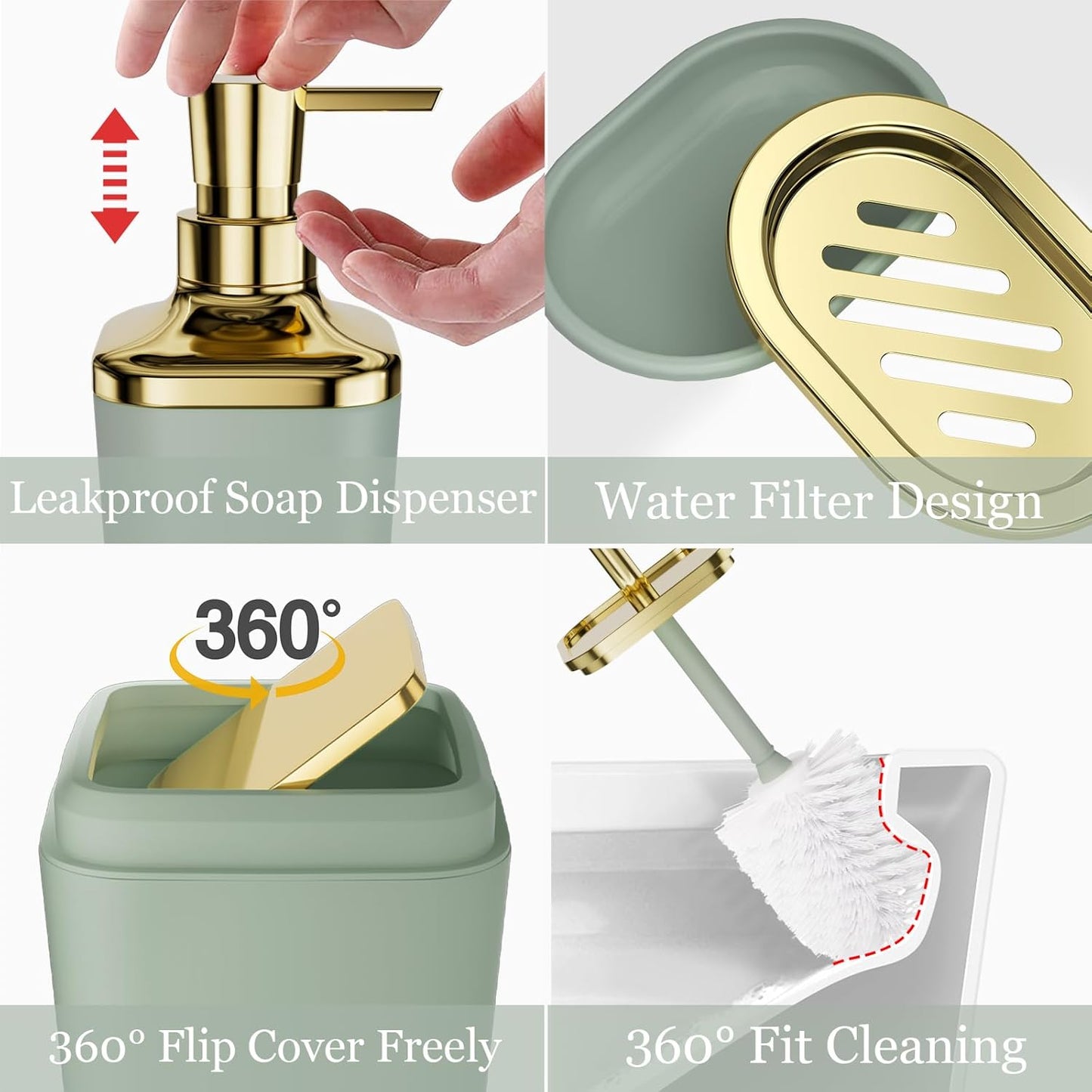 Bathroom Set - Sage Green Bathroom Accessories Set, Bathroom Sets with Shower Curtain and Rugs, Sage Green Shower Curtain Set with Bathroom Trash Can, Soap Dispenser, Soap Dish for Home Decor
