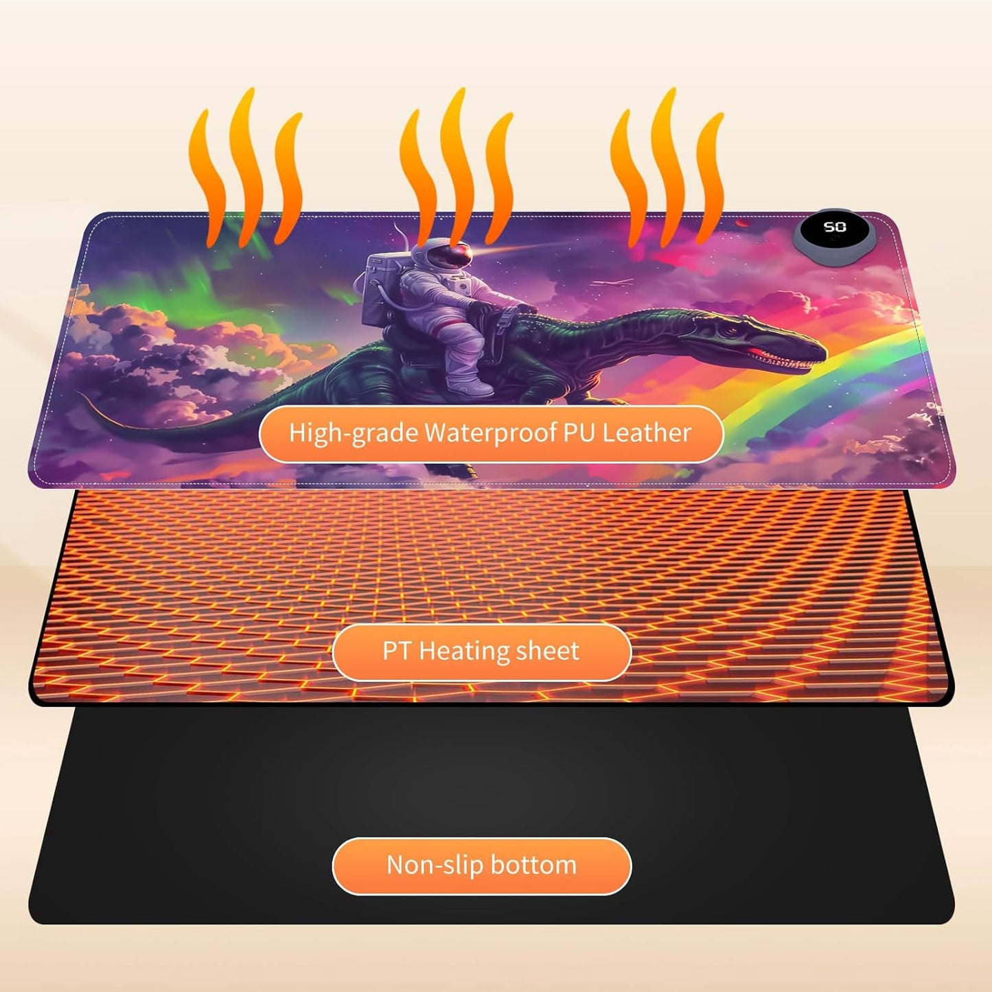 Small Heated Desk Pad 23.6" x 14.2" – Compact Electric Mouse Pad with 3 Heating Levels, Auto Shut-Off, Waterproof PU Surface, Plug-in Warmer for Office or Home Use, Astronaut on Dinosaur