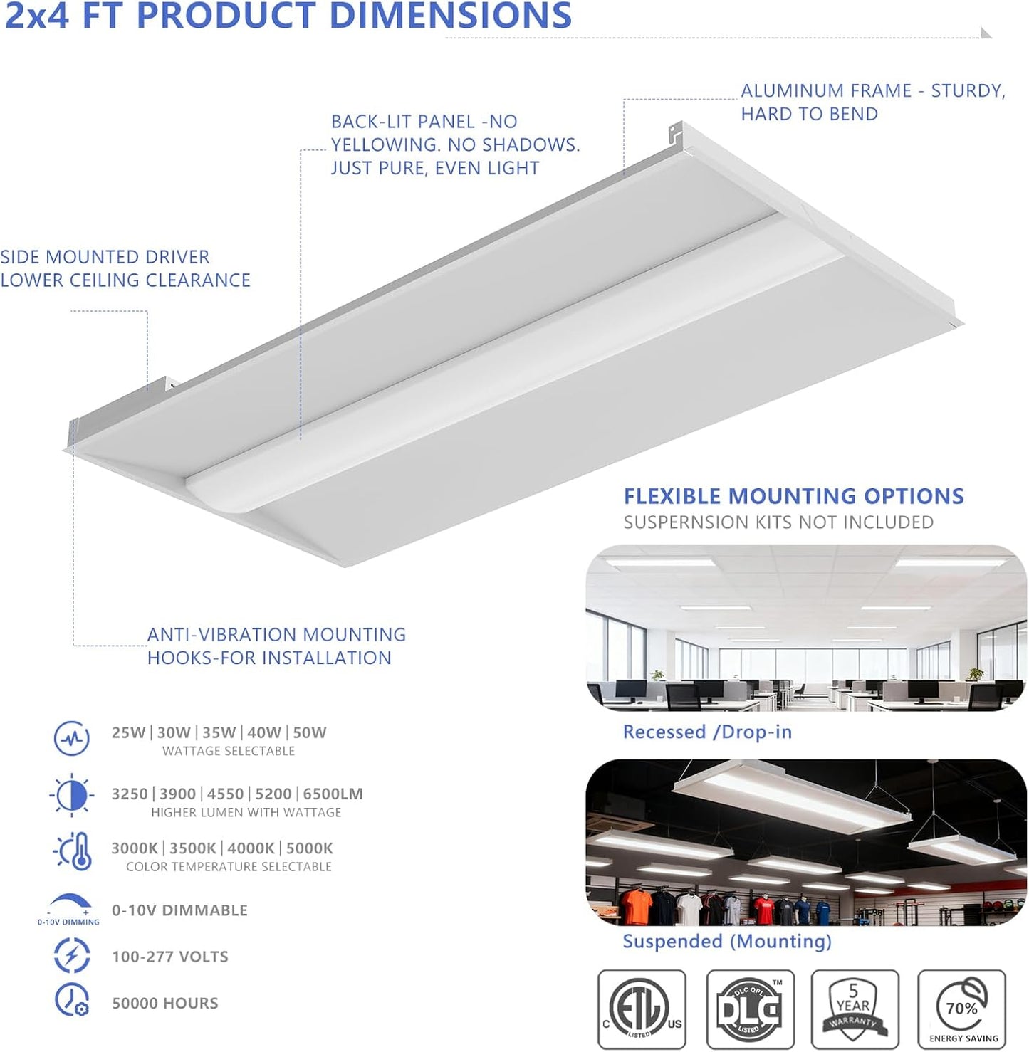 2x4 LED Troffer Light,25W/30W/35W/40W/50W & 3000K/3500K/4000K/5000K Selectable,6500LM 0-10V Dimmable,ETL DLC Listed,100-277V,for Office & Warehouse,4 Pack