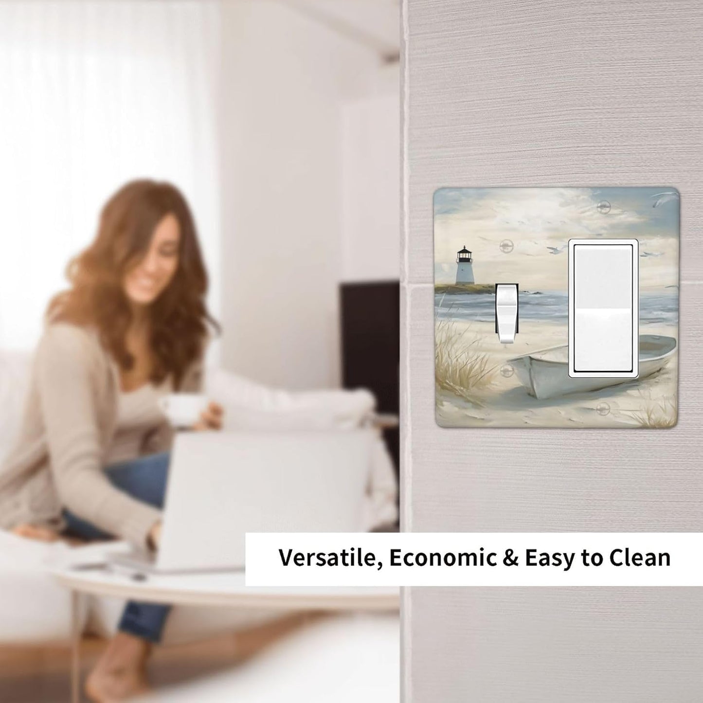 Decorative Outlet Covers Seascape Painting with Lighthouse Boats 2 Gang 1 Gang Wall Plate Single Toggle Rocker Light Switch Covers Switch Plate Cover for Bedroom Home Decor