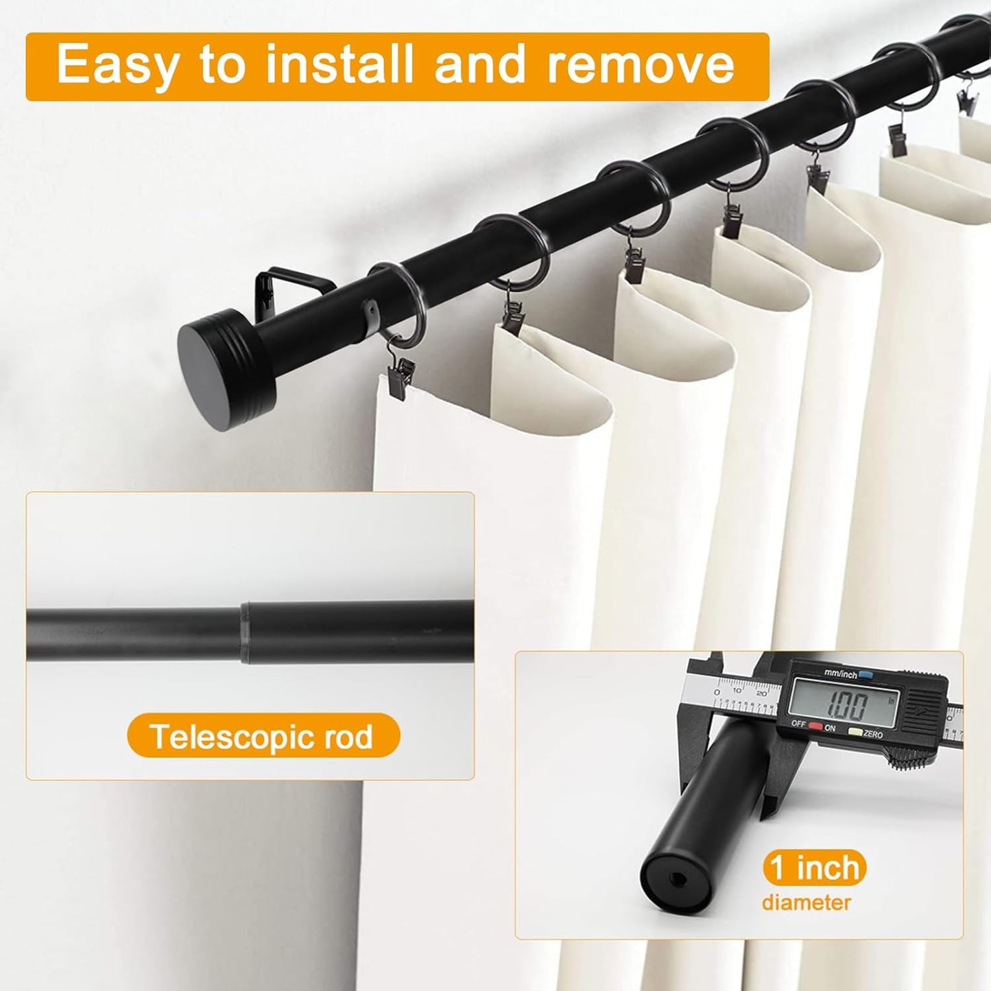 Black Curtain Rod for Windows 18 to 88 Inches, 1 Inch Adjustable Drapery Pole, Heavy Duty Outdoor/Indoor Modern Curtain Rods, Easy Installation(Black 18"-88")