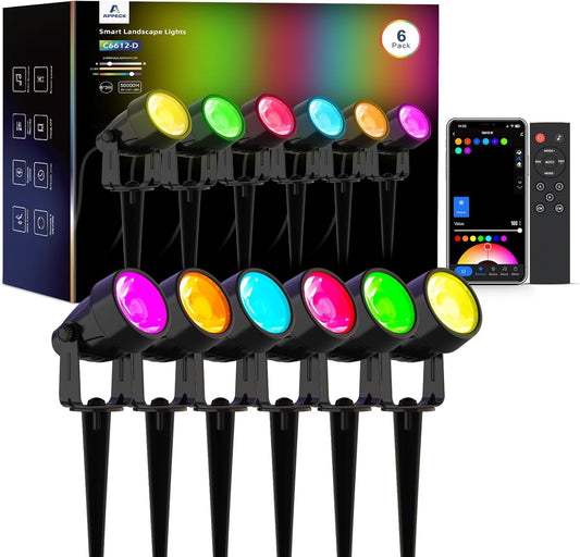 APPECK Spot Lights Outdoor, RGBW Low Voltage Landscape Lighting, Color Changing Uplighting Spotlights with App, IP65 Waterproof LED Outdoor Lights for Garden Yard Outside Decoration, 6 Pack