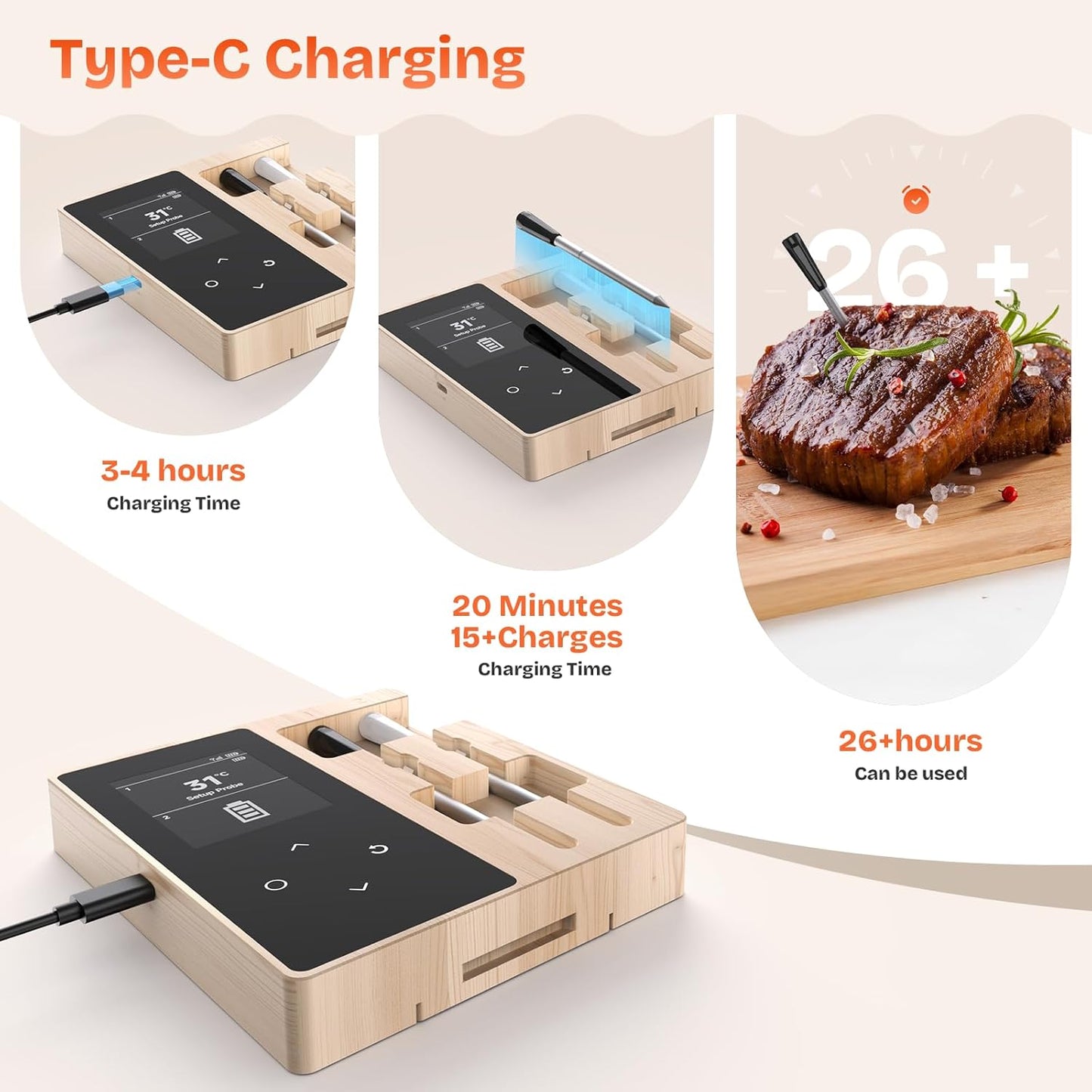 Smart Wireless Meat Thermometer with 2 Color-Coded Probes,Standalone Display Base, Accuracy ±1°F，Digital Bluetooth Thermometer for Cooking, Oven, Smoker, BBQ, Grill Real-Time Monitoring in App