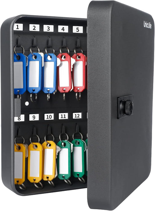 Uniclife 28 Position Key Cabinet with Combination Lock Resettable Black Digital Security Storage Box Steel Key Organizer with Colorful Key Tag Labels Stickers and Hooks