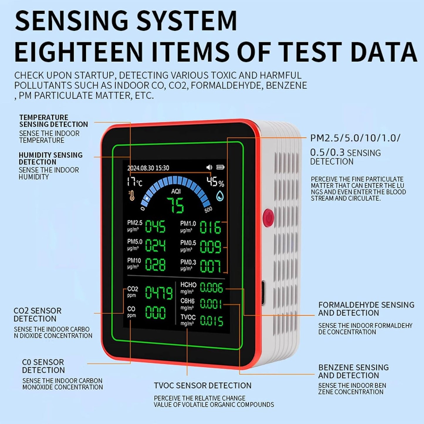 AUNMAS Air Quality Monitor Indoor, CO2 TVOC HCHO PM2.5 PM10 Temp Humid Detect Tester Meter for Home Hotel Office Car