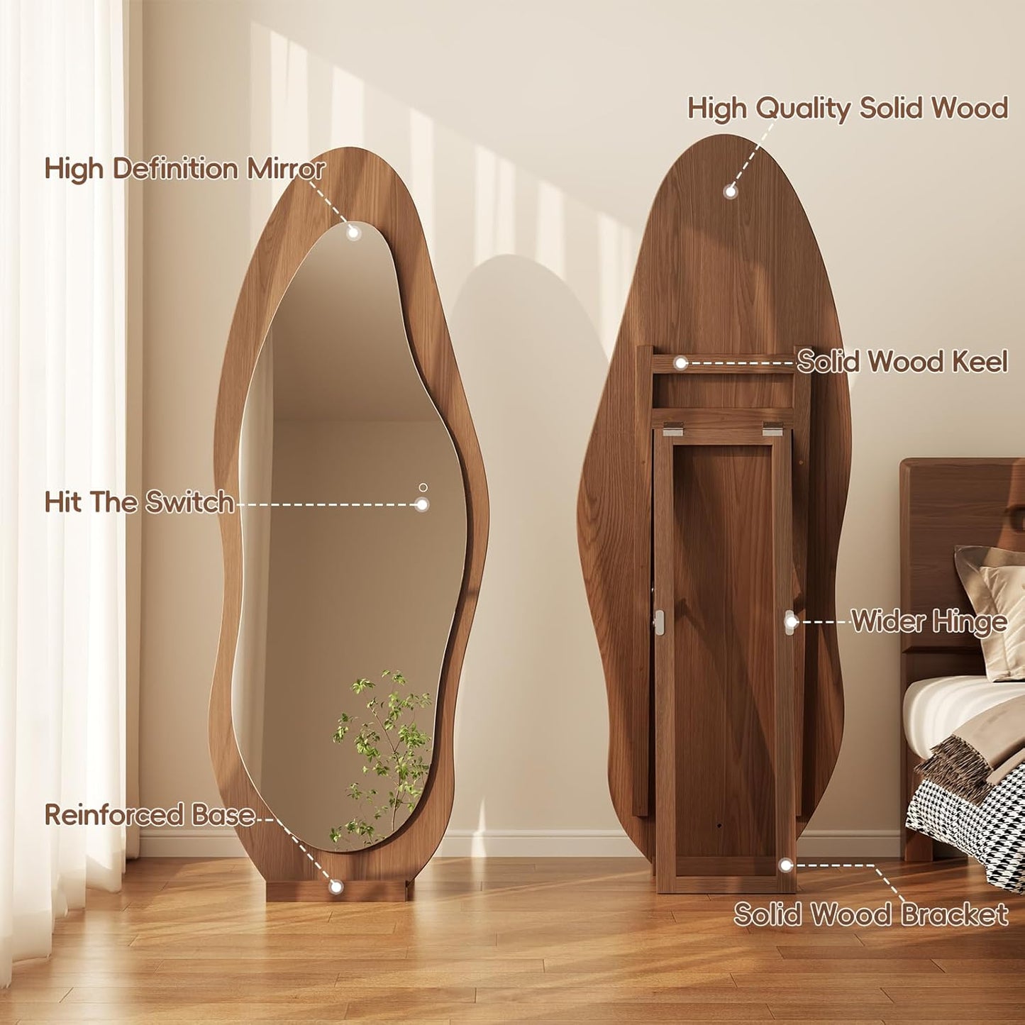 WoodsWhisper 69"x 24" Wavy Mirror Full Length,Lights Irregular led Full Length Mirror, Wavy Wall Mirrors,Shatter-Proof Hanging or Leaning Against Wall for Cloakroom/Bedroom/Living Room,Walnut