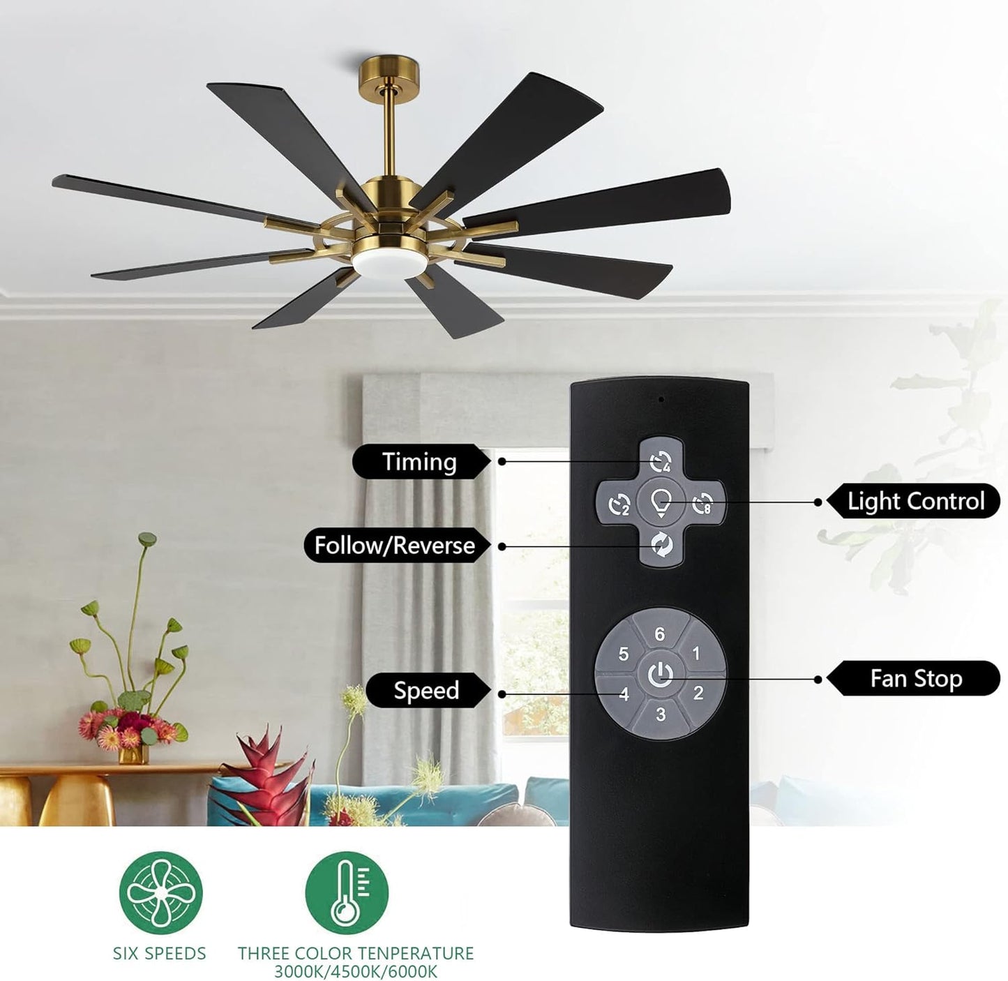 WINGBO 60" DC Ceiling Fan with Lights and Remote Control, Gold and Black Ceiling Fan, 8 Plywood Blades, 6-Speed Reversible DC Motor, Modern Ceiling Fans Indoor for Kitchen Bedroom Living Room