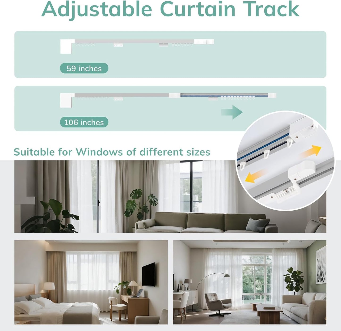 Umimile Smart Electric Curtain Track, Motorized Curtain Track System, 59-106 inch Adjustable Length, Ultra Quiet Motor, App/Remote Control, Works with Alexa, Google Home, for Ceiling and Wall Mount