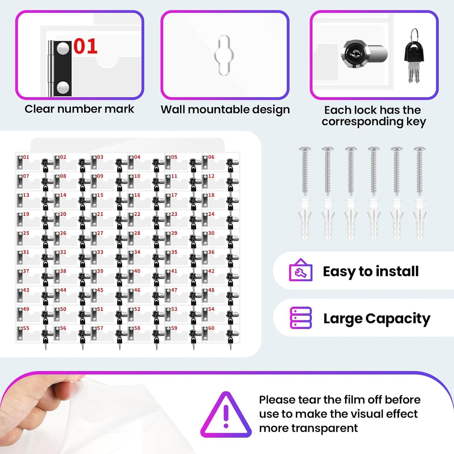 60 Slots Cell Phone Locker Box, Clear Phone Storage, Acrylic Cell Phone Lock Box with Door Locks and Keys, Wall Mounted Cell Phones Cabinet for Office School Classroom Factory