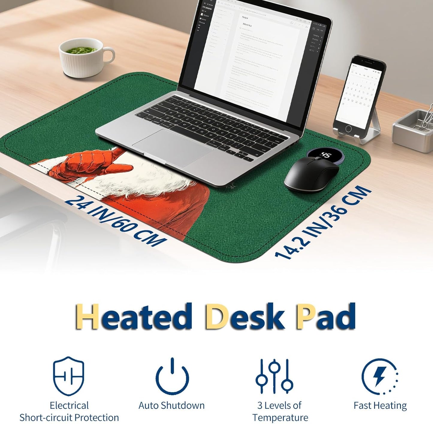 Heated Mouse Pad with 3 Temperature Settings(104°F–122°F),Large 24x14.2 Inch PU Leather Heated Desk Mat,Waterproof Warming Pad for Office,Gaming & Cold Hands Relief,Santa Christmas