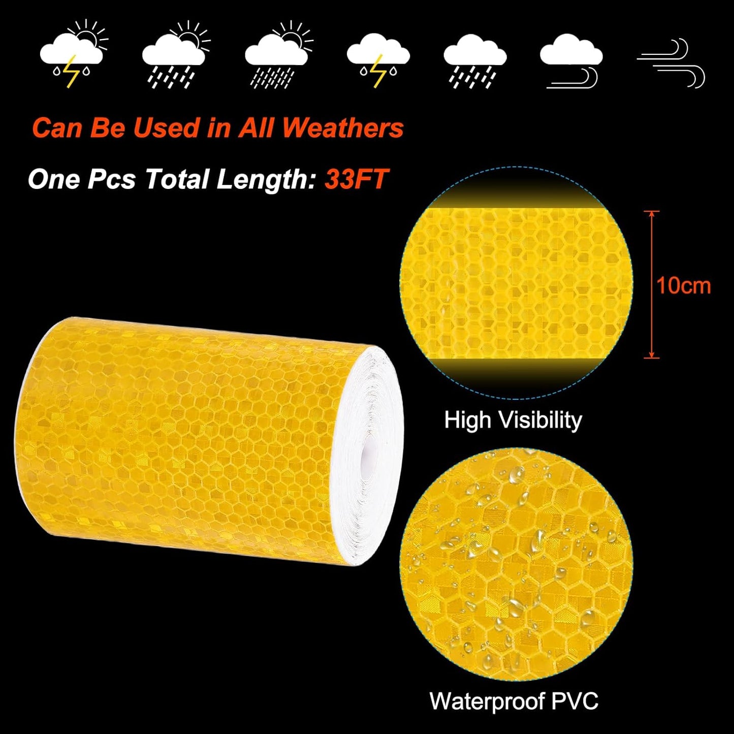 PATIKIL 4 Inch x 33 ft Reflective Tape, 1 Roll Waterproof Self Adhesive High Visibility Caution Warning Safety Tape Reflector with Scraper for Trucks Trailers Cars, Yellow