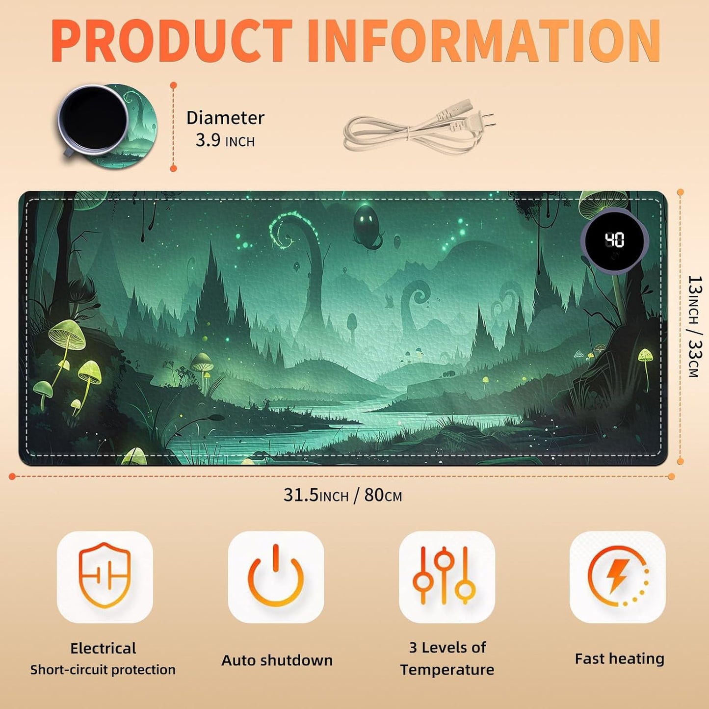 Heated Mouse Pad, Warm Desk Pad, Keyboard Mat 31.5 x 13 Inch Large Size Intelligent Fast Heating, 3 Speed Adjustable, Timed Auto Power Off for Game Office Home,Dark Fantasy Forest