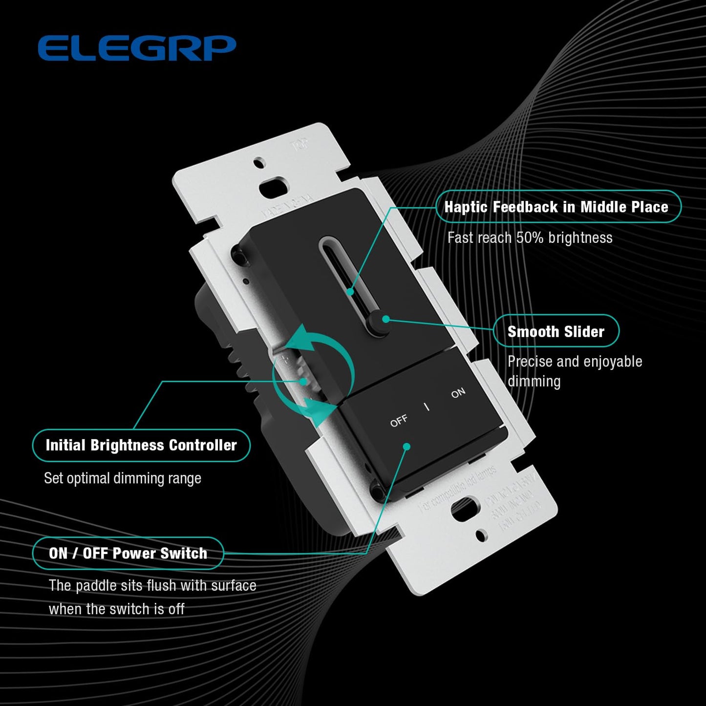 ELEGRP Slide Dimmer Switch for Dimmable LED, CFL and Incandescent Light Lamp Bulbs, Single Pole or 3-Way, Full Control with Preset, Rocker Paddle, Wall Plate Included, UL Listed (1 Pack, Matte Black)