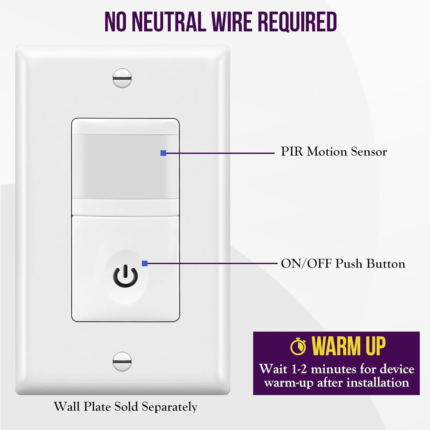 ENERLITES PIR Motion Occupancy Vacancy Motion Sensor Light Switch, 500W, 5A, Motion Sensor Night Light, Single-Pole, Smart LED Backlight, Neutral Not Required, Ground Required, HMOS-J-W, White