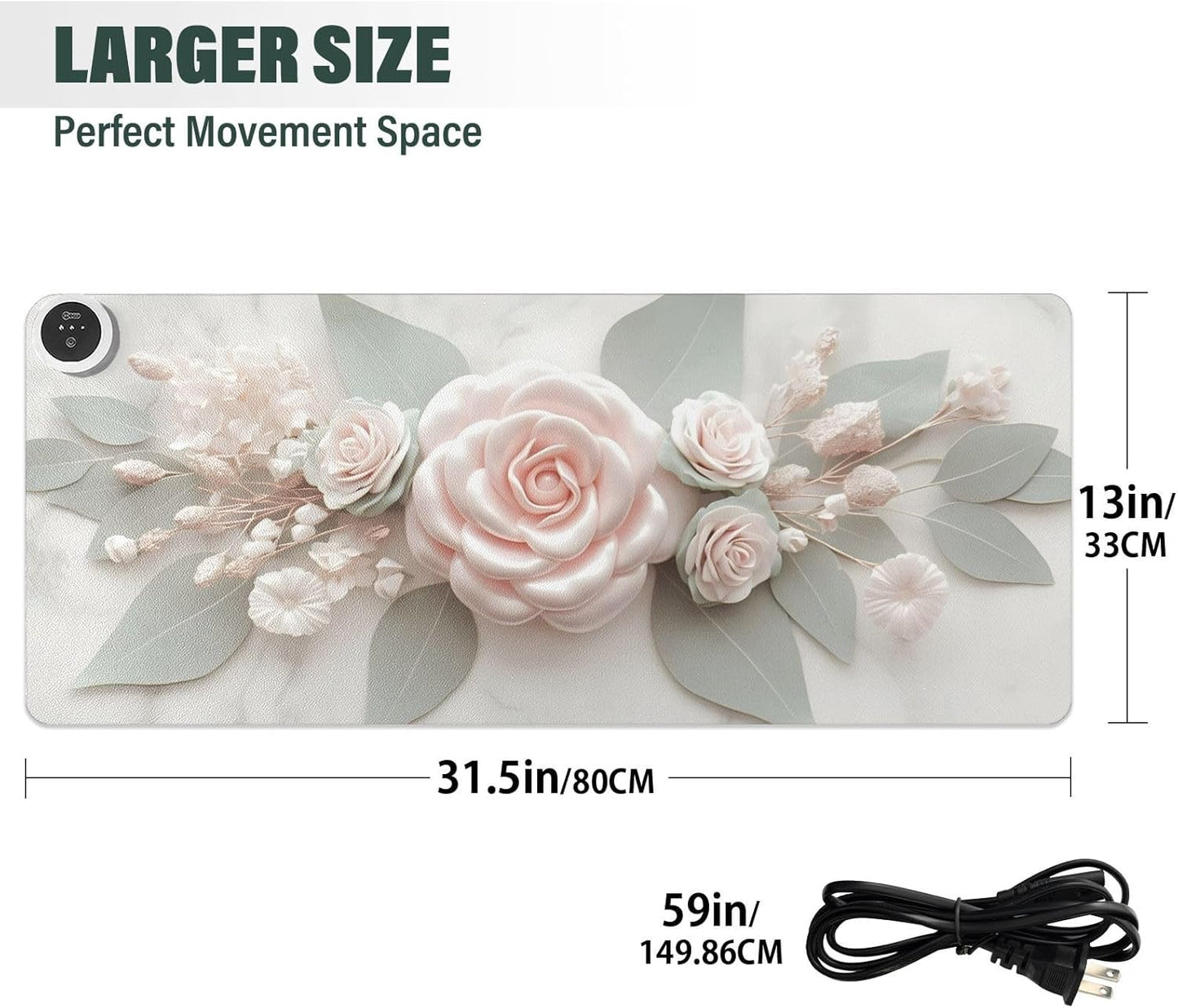 Large Heated Mouse Pad,Leather Desk Mat,31.5"x13",Hand Warmer Pads for Desk,Rose(Cream)
