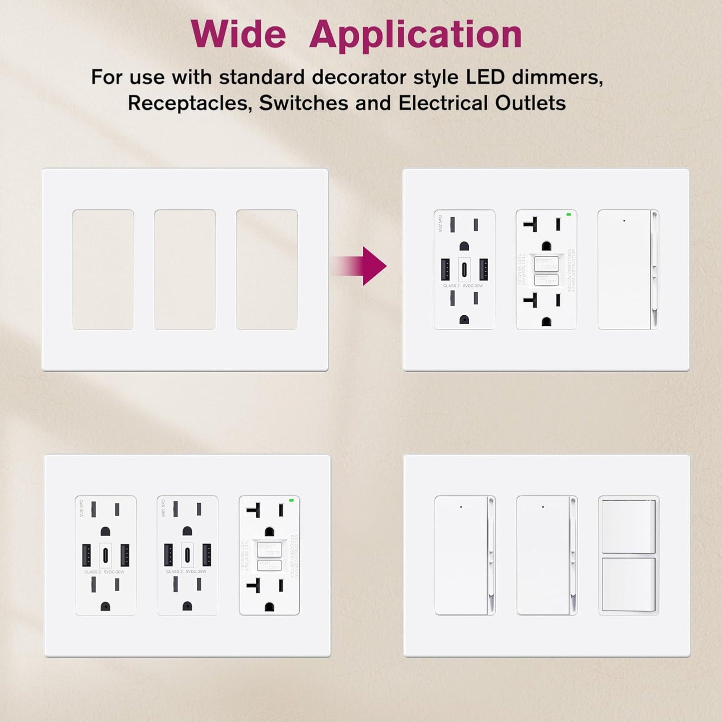 EMITEVER 3-Gang Screwless Decorator Wall Plate Cover for Receptacle Outlet & Light Switch, Standard Size 4.53"H x 6.38"W, Unbreakable Thermoplastic Faceplate, UL Listed, Matte White 1-Pack