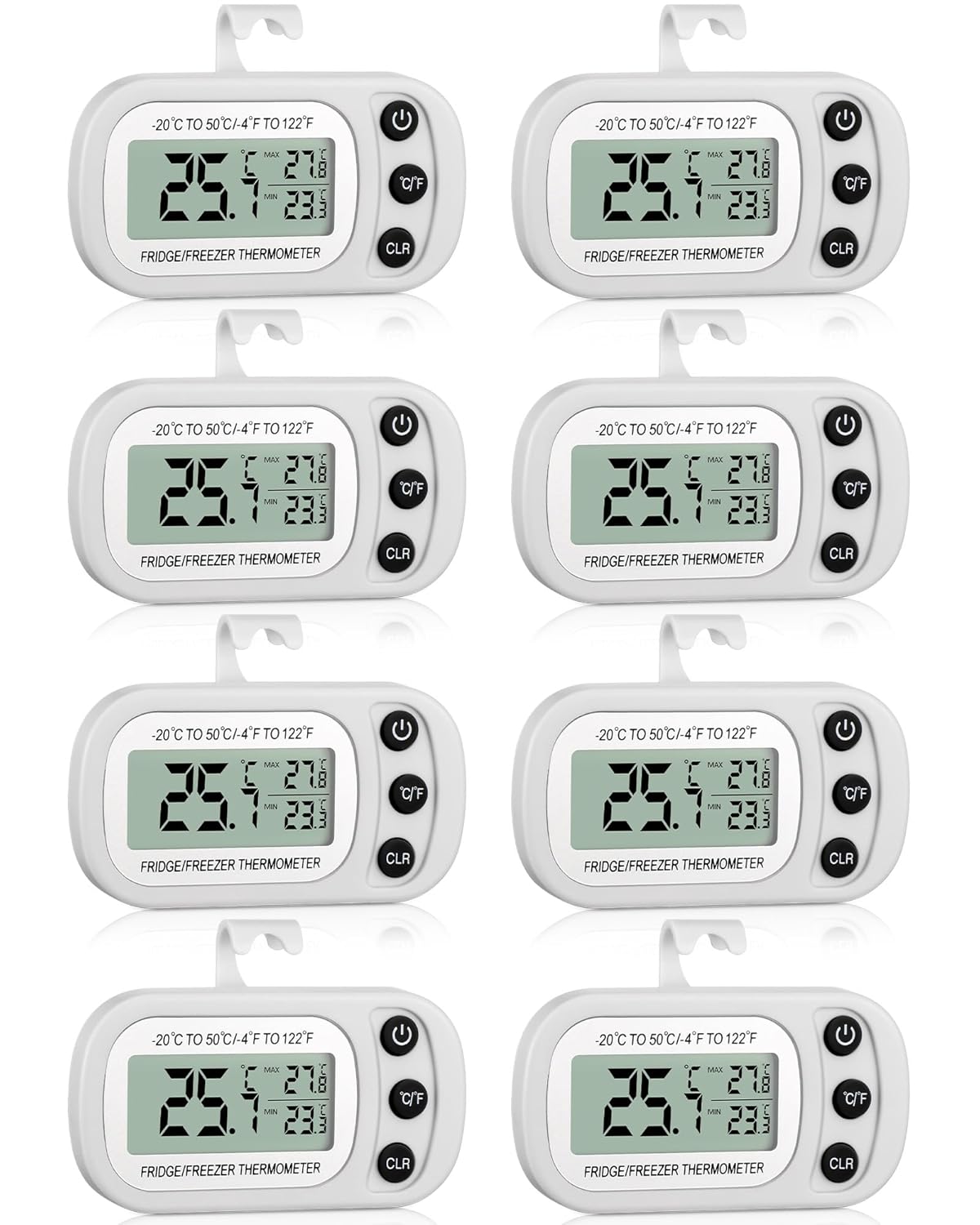 Frienda 8 Pack White Digital Fridge Thermometer Waterproof Refrigerator and Freezer Room Max/min Record Function LCD Screen Refrigerator Thermometer with Hook and Magnetic Back for Home