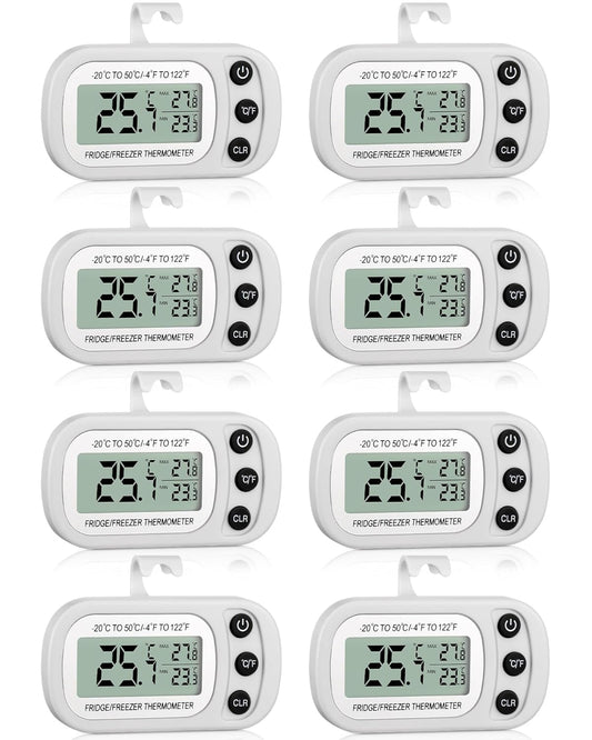 Frienda 8 Pack White Digital Fridge Thermometer Waterproof Refrigerator and Freezer Room Max/min Record Function LCD Screen Refrigerator Thermometer with Hook and Magnetic Back for Home