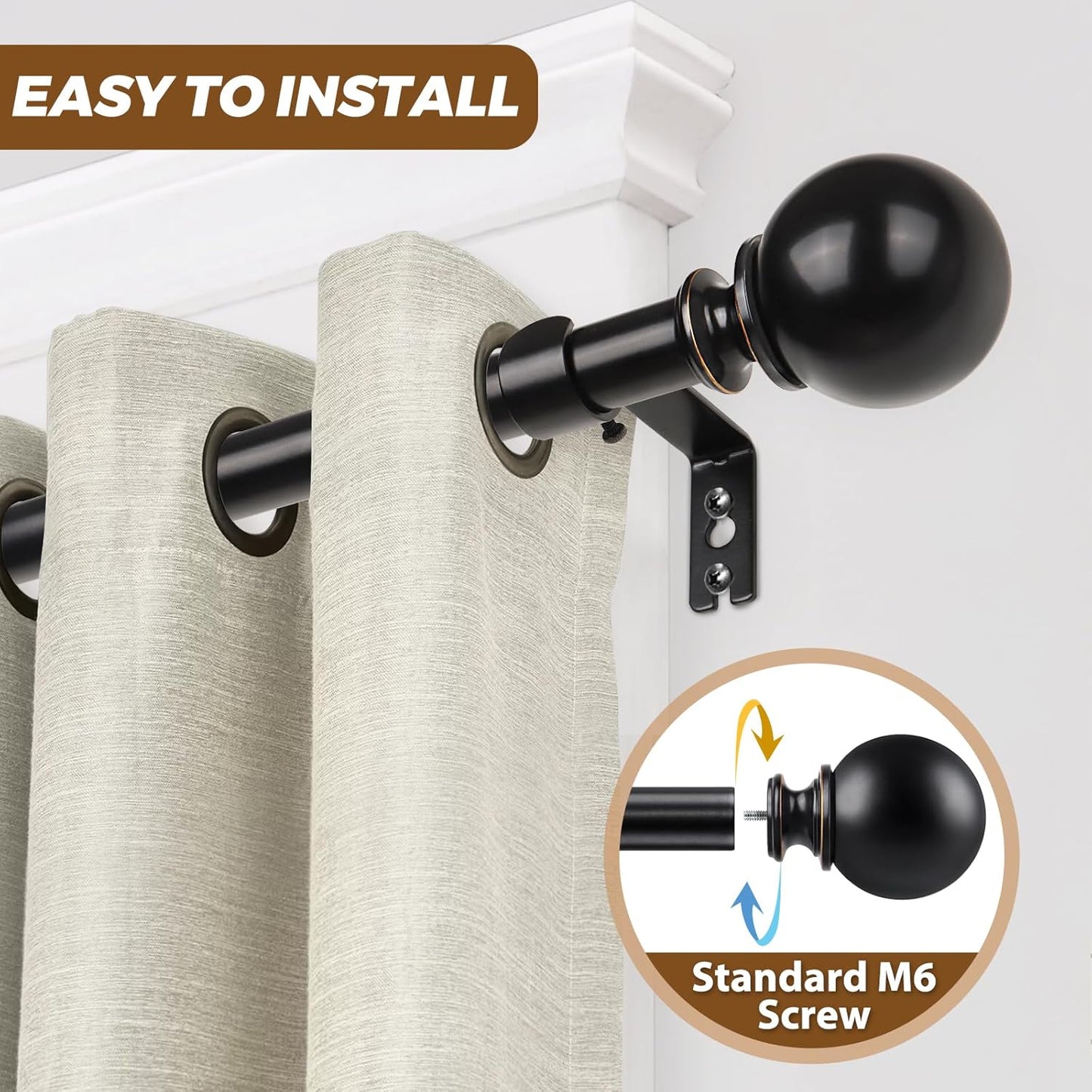 KAMANINA Black Curtain Rods for Windows 66 to 120 Inches (5.5-10ft), Long Heavy Duty Curtain Rod, 7/8 Inch Decorative Drapery Rod with Round Finials
