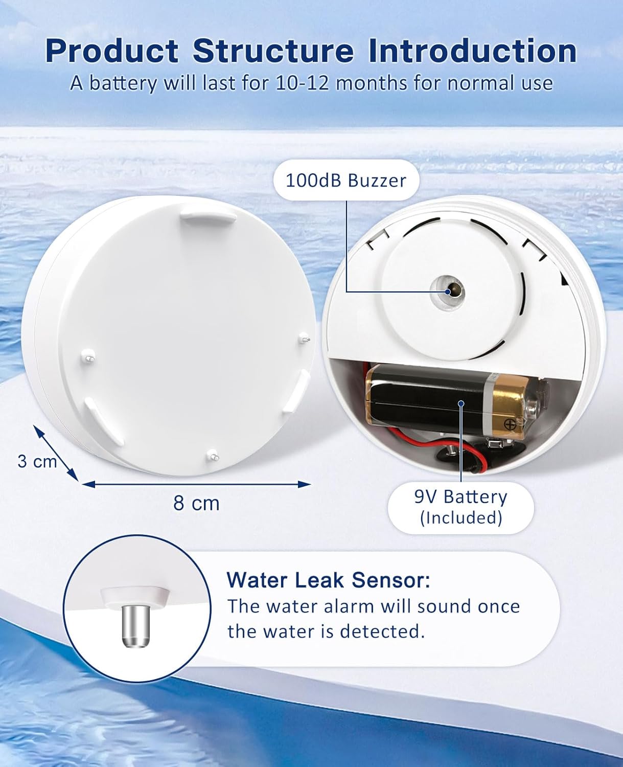 Geevon 4 Pack Water Leak Detectors, 100dB Water Sensor Alarms Flood Detector for Basements, Bathrooms, Laundry Rooms, Kitchens, Garages, and Attics, Water Alarms Battery-Operated (Battery Included)