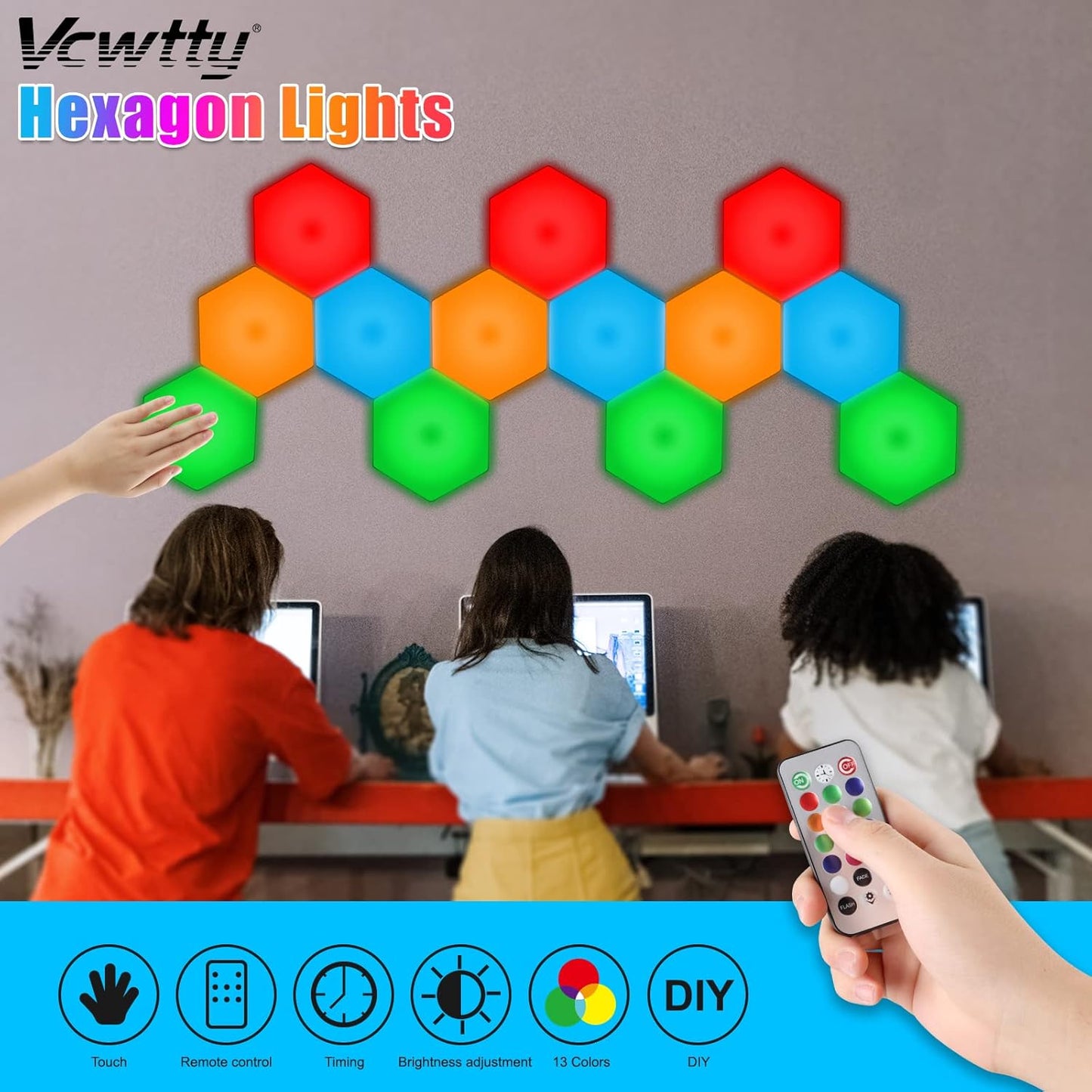 Hexagon Lights, Smart LED Wall Lights with Remote, 13 Colors Touch-Sensitive DIY Modular Assembled RGB Wall Panels, Hex Light with USB-Power for Autism, Game Room Decor, Party (10 Pack)