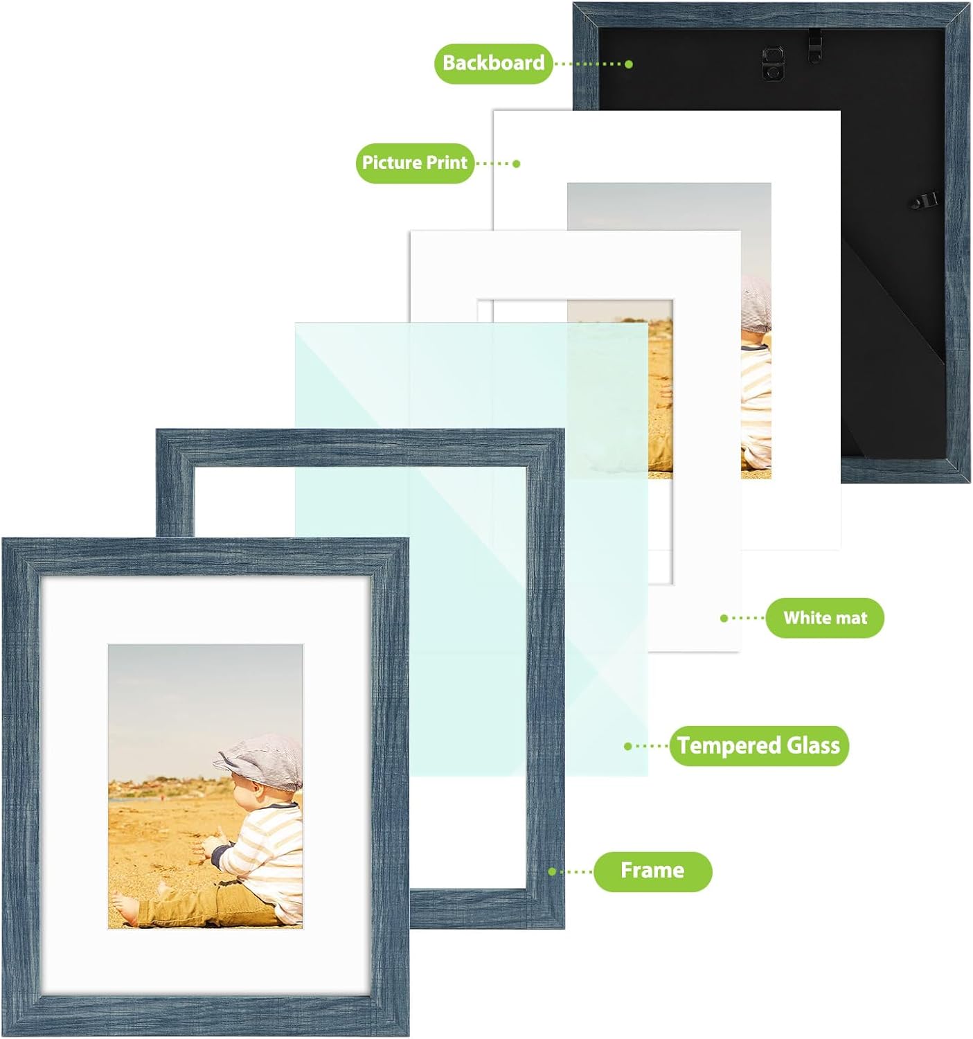 Golden State Art, 8x10 Picture Frame with Mat for 5x7 Photo - High Definition Glass Wall Mounting or Tabletop Display (Blue, 2 Pack)