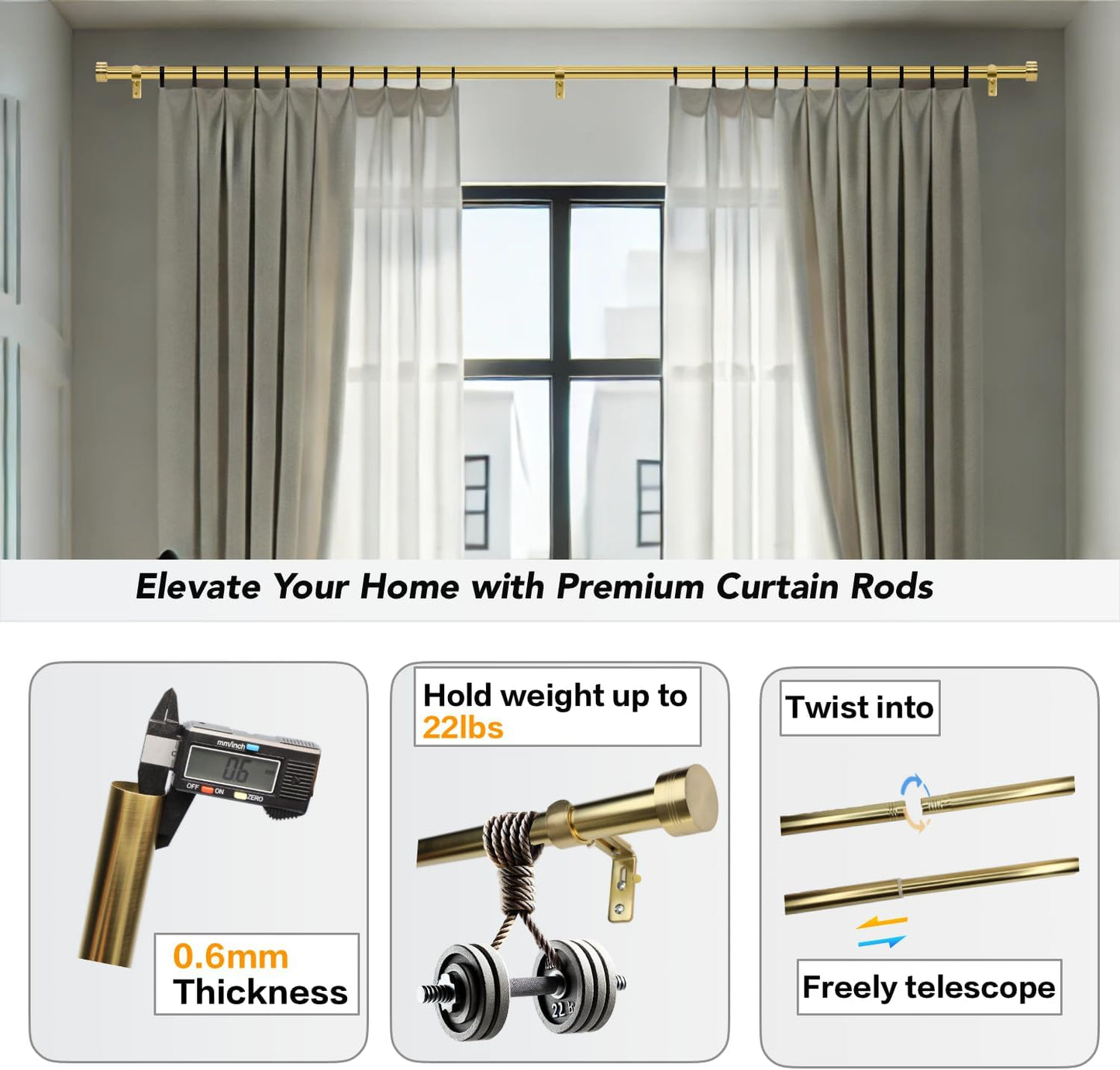 Gold Curtain Rod for Windows 18 to 45 Inches, 1 Inch Adjustable Drapery Pole, Heavy Duty Outdoor/Indoor Modern Curtain Rods, Easy Installation(Warm Gold 18"-45")