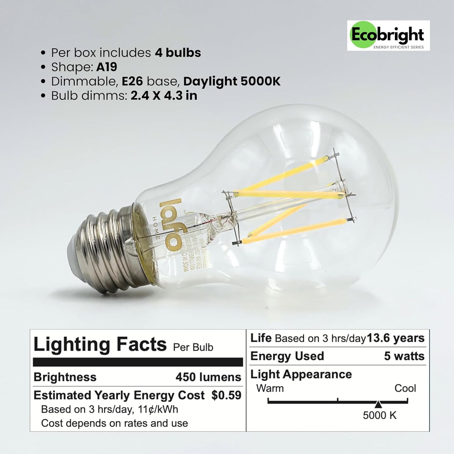 EcoBright 8PK Dimmable A19 LED Filament Bulb 40W Equivalent 5W E26 Base 450 Lumens CRI90 Flicker Free Clear Glass Energy Star Title 20 Daylight 5000K for Lamps Ceiling Fixtures and Indoor Use