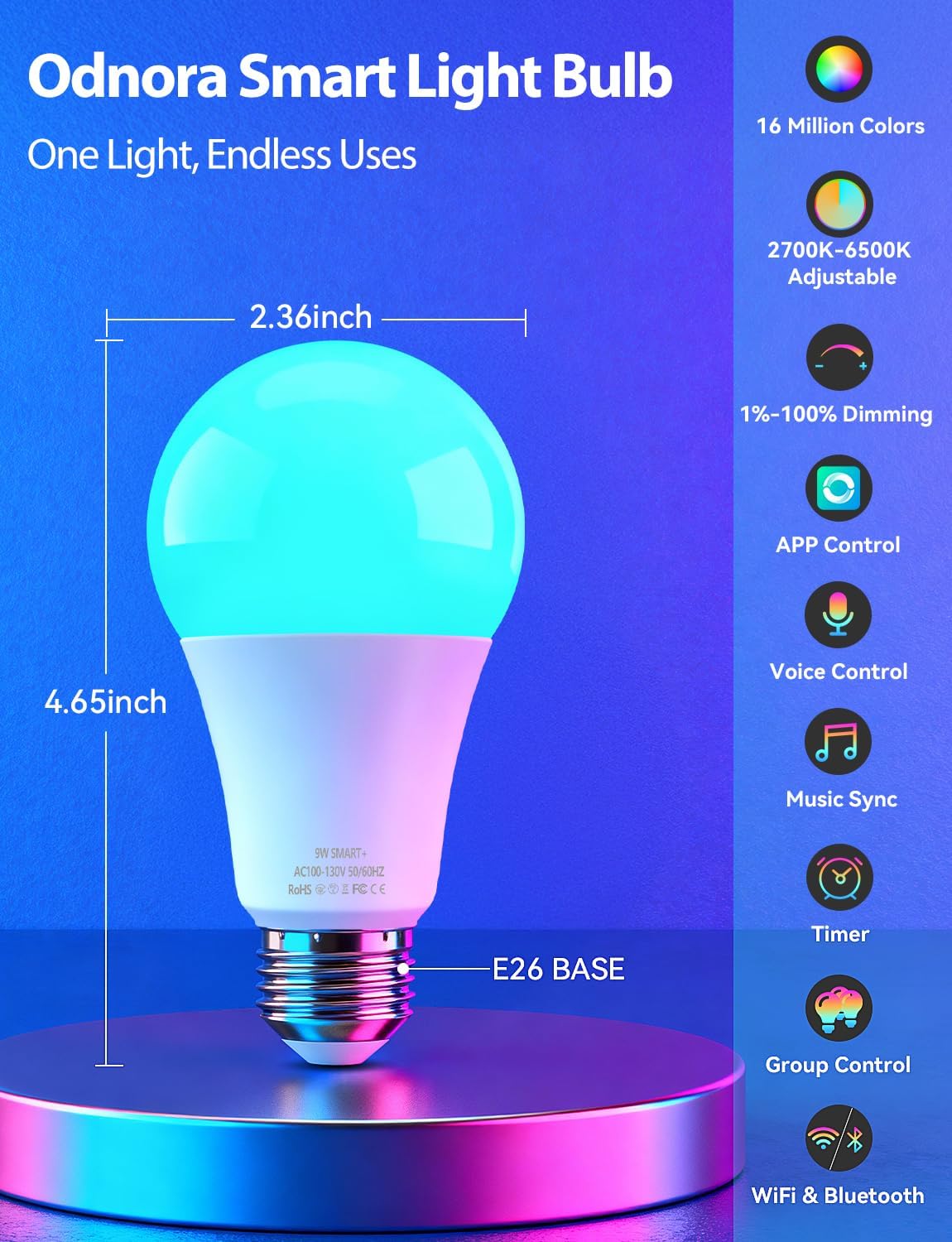 Smart Light Bulbs, Work with Alexa & Google Assistant, 9W LED Light Bulbs Color Changing RGBTW Dimmable, 2.4GHz WiFi Bluetooth Smart Bulb 60W Equivalent, APP Control, A19, E26, 800LM, 2 Packs