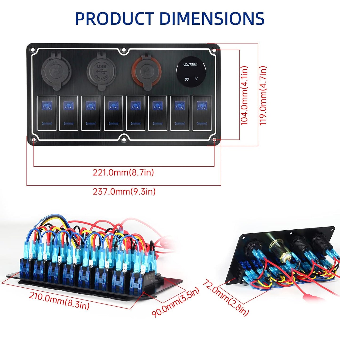 Waterproof 8 Gang Toggle Switch Panel with Dual USB Charger & Voltmeter - Overload Protection for RV, Marine, Car, Truck - Compatible with Auxbeam Boat Switch Panel