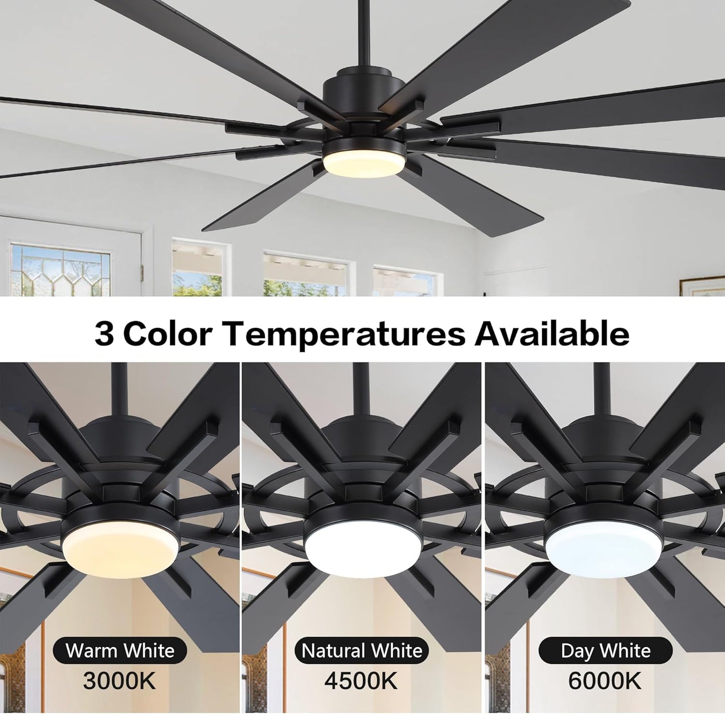 WINGBO 80" DC Ceiling Fan with Lights and 3 Downrods, Matte Black Ceiling Fan, 8 Plywood Blades, 6-Speed Reversible DC Motor, Large Ceiling Fans for Kitchen Bedroom Living Room