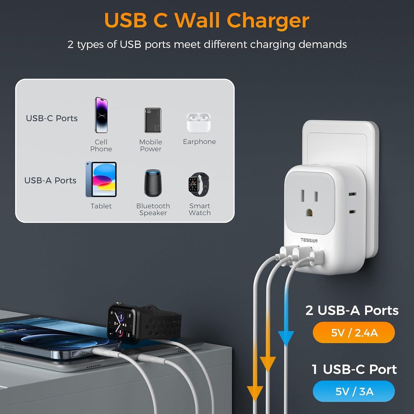 Italy Travel Plug Adapter 2 Pack, TESSAN Italy Power Adaptor with 4 Outlets 3 USB Charger (1 USB C Port), Type L Adapter for US to Chile Libya Syria Tunisia Uruguay
