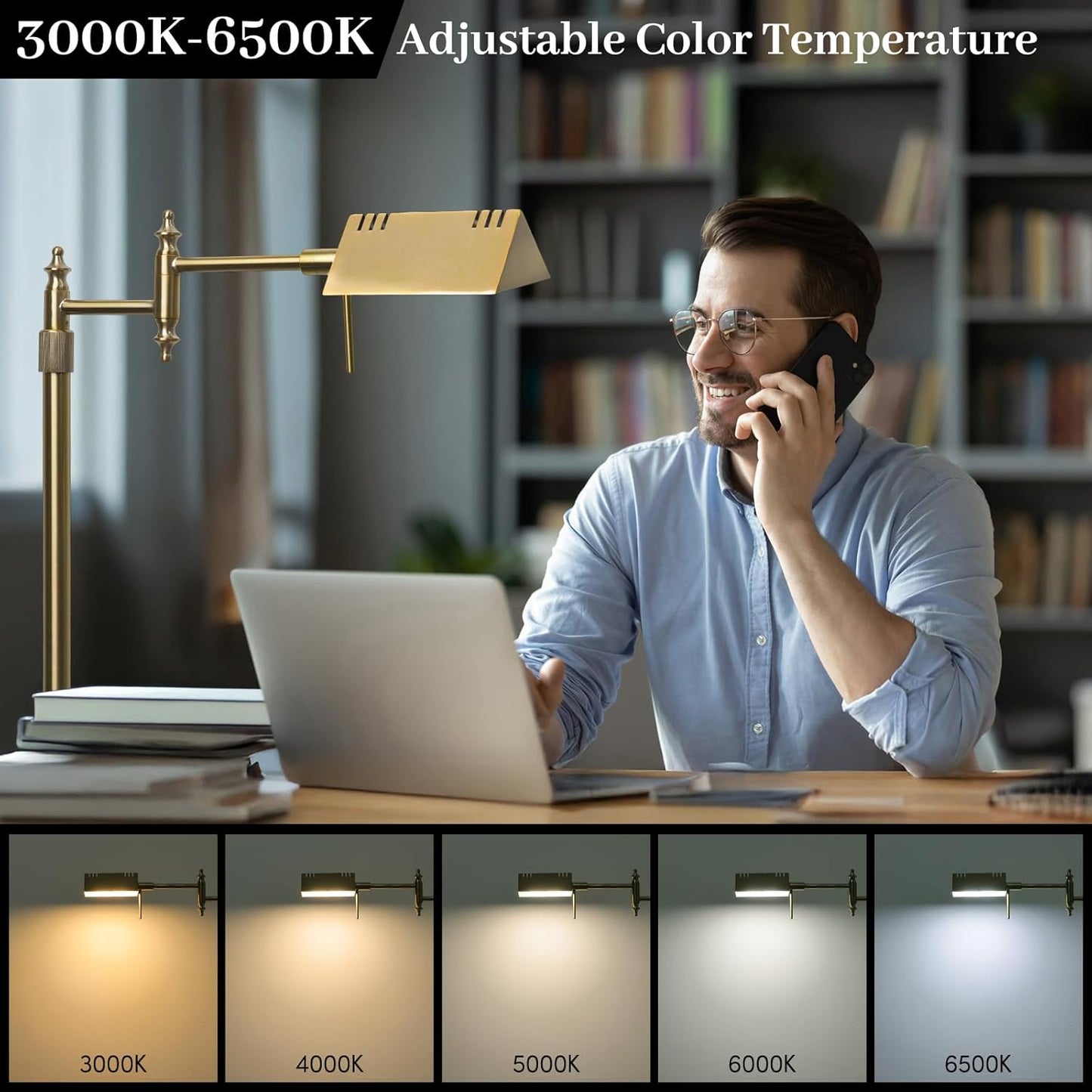 Dimmable Pharmacy Floor Lamp with Remote, 15W Gold LED Reading Floor Lamp with 360°Swing Arm, 3 Color Temperature, Height Adjustable Standing Task Lamp for Living Room, Bedroom, Office, Antique Brass